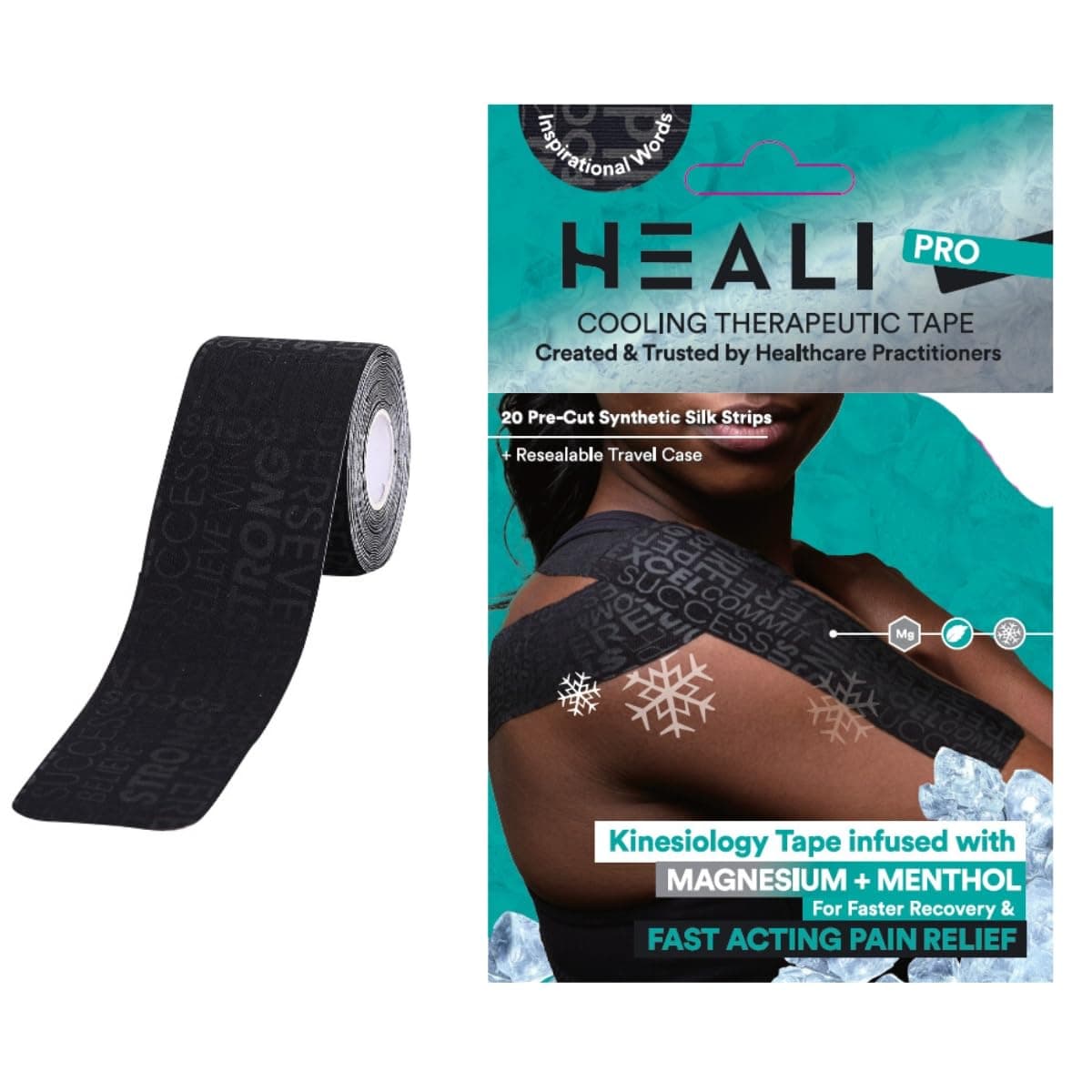 Tape - Kinesiology Tape Infused with Magnesium & Menthol for Pain Relief & Muscle Recovery, Roll-20 Strips, 2" x 10"- Therapeutic Sports Black Tape with Inspirational Words