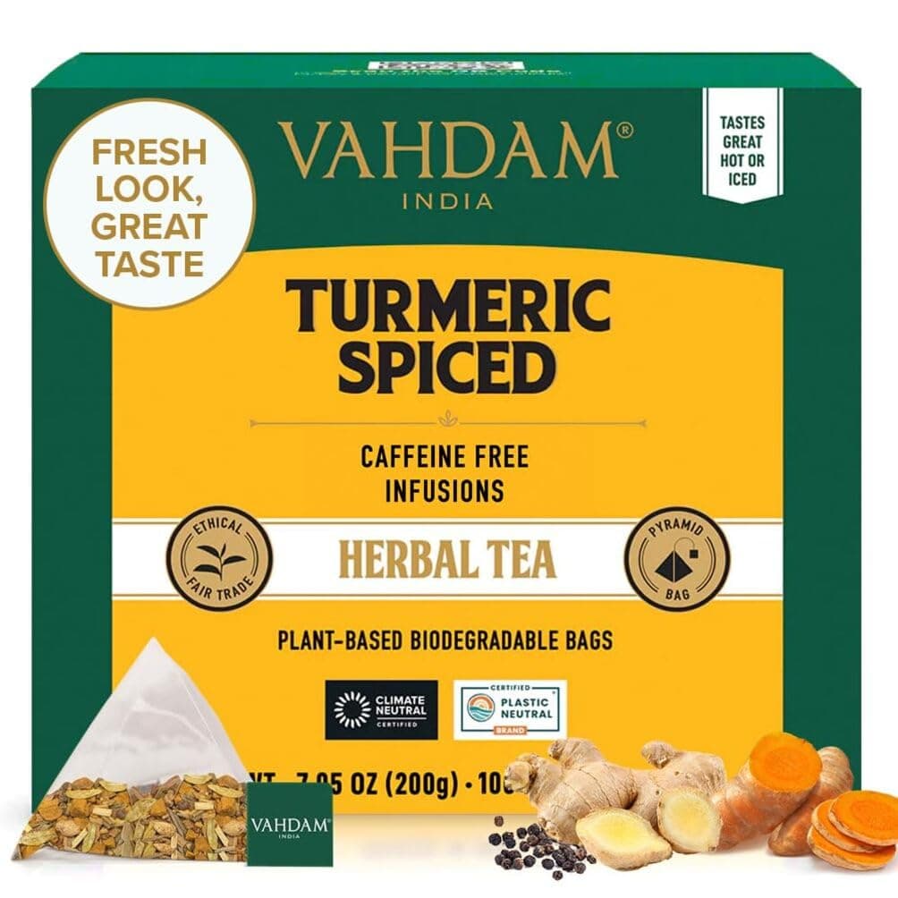 VAHDAM Turmeric Spice Herbal Tea - 100 Pyramid Tea Bags, Caffeine Free, Non GMO, Gluten Free, 100% Pure Herbal Tisane - Savory & Spicy, Whole Loose-Leaf, Resealable Pouch