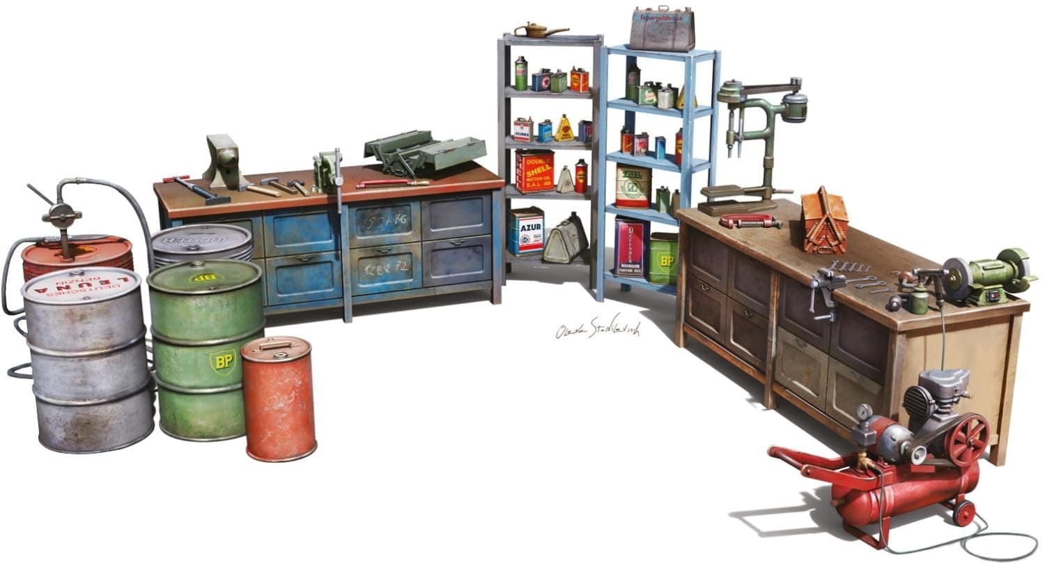 Mini Art 49011 1:48 Workshop Equipment - Faithful Replica, Model Building, Plastic Kit, Crafts, Hobby, Gluing, Model Kit, Assembly, Unpainted, Moulded Colour