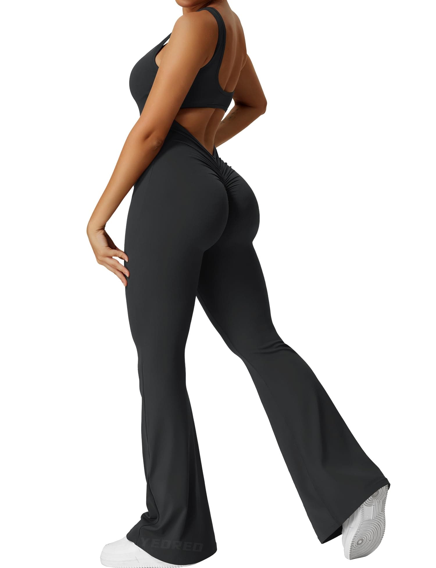 Women Workout Scrunch Flare Jumpsuits Sexy Backless Butt Lift Gym Yoga Jumpsuits