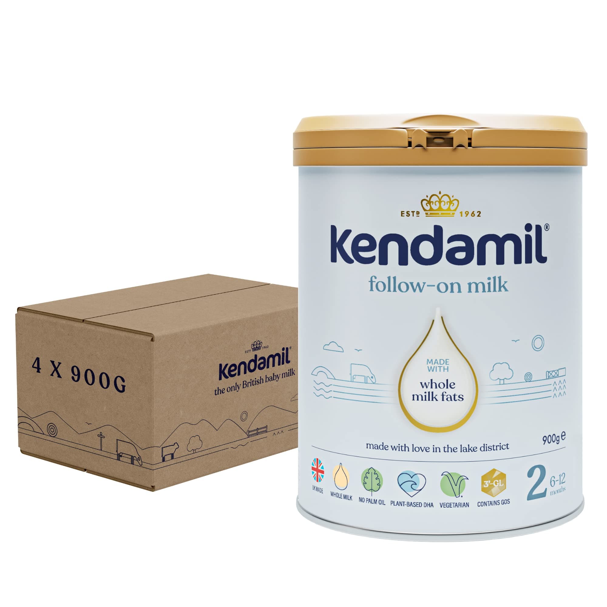 (4x900g) Kendamil Follow-On Milk 4-Pack, Stage 2, 6-12 Months ā British Made, Whole Milk Formula ā Vegetarian, No Palm Oil, No GMOs ā with Omega 3 DHA, Omega 6 ARA and Prebiotics