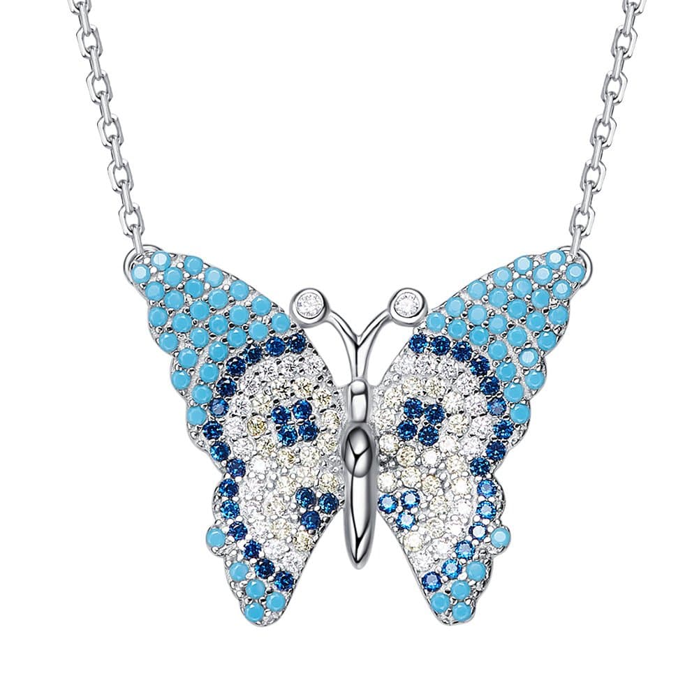 Le Premium® 925 Sterling Silver Turquoise Green Butterfly Pendant Necklace Pave Setting With Spinel Stones Gift for Ladies