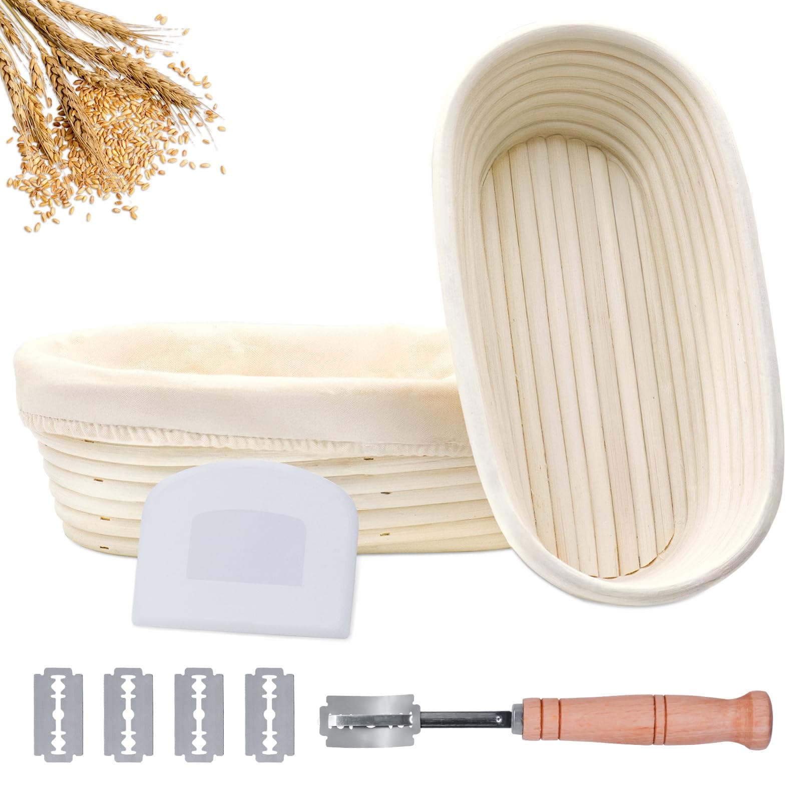 Banneton Bread Proofing Basket Set of 2, 11 Inch Oval Proofing Basket Baking Supplies Bread Making Tools Sourdough Proofing Bowls with Bread Lame, Linen Liner and Dough Scraper