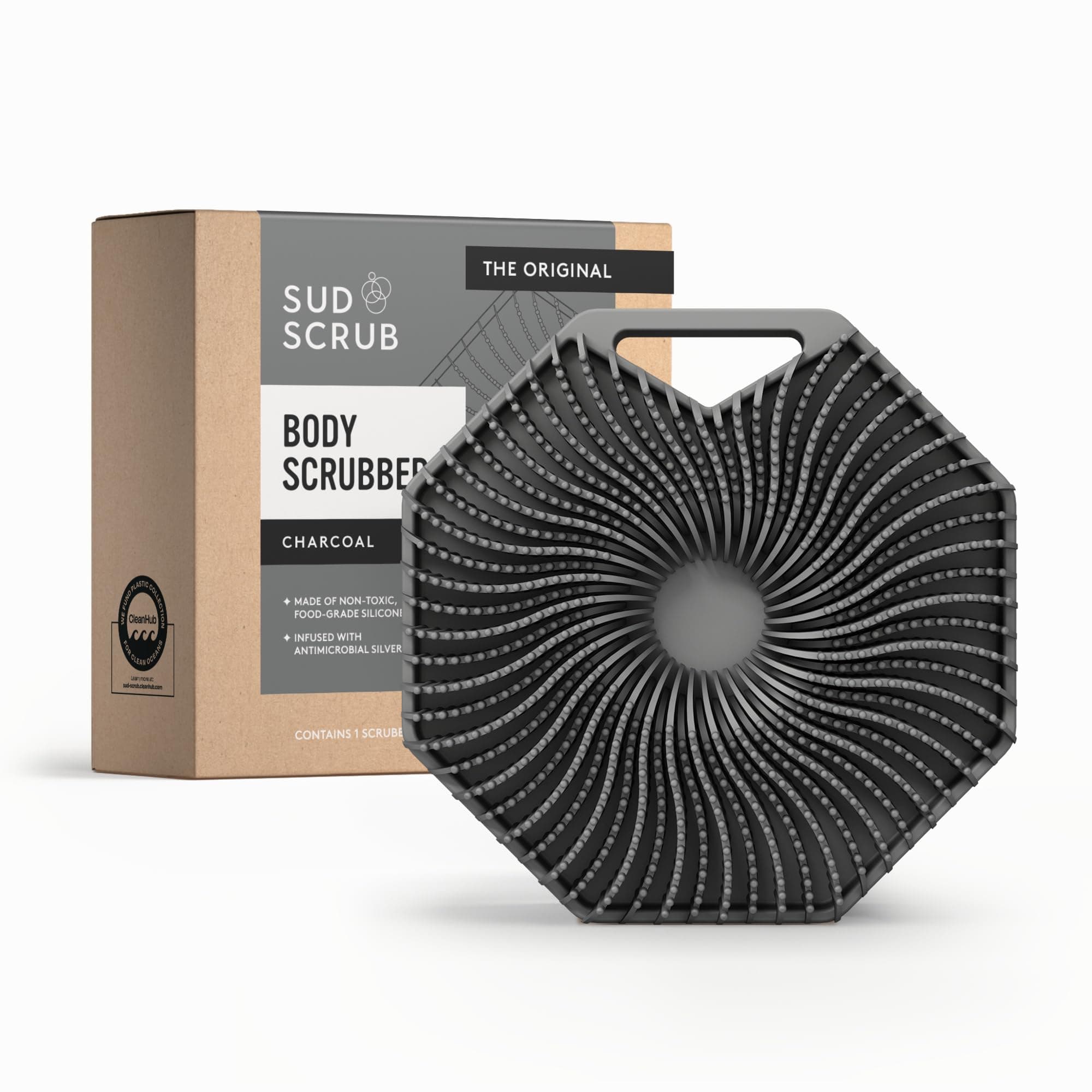 Sud Scrub Antimicrobial Silicone Body Scrubber, Exfoliating Body Scrubber for Sensitive Skin, Eco Friendly Shower Scrubber for Body, Silicone Body Brush for Showering, Charcoal