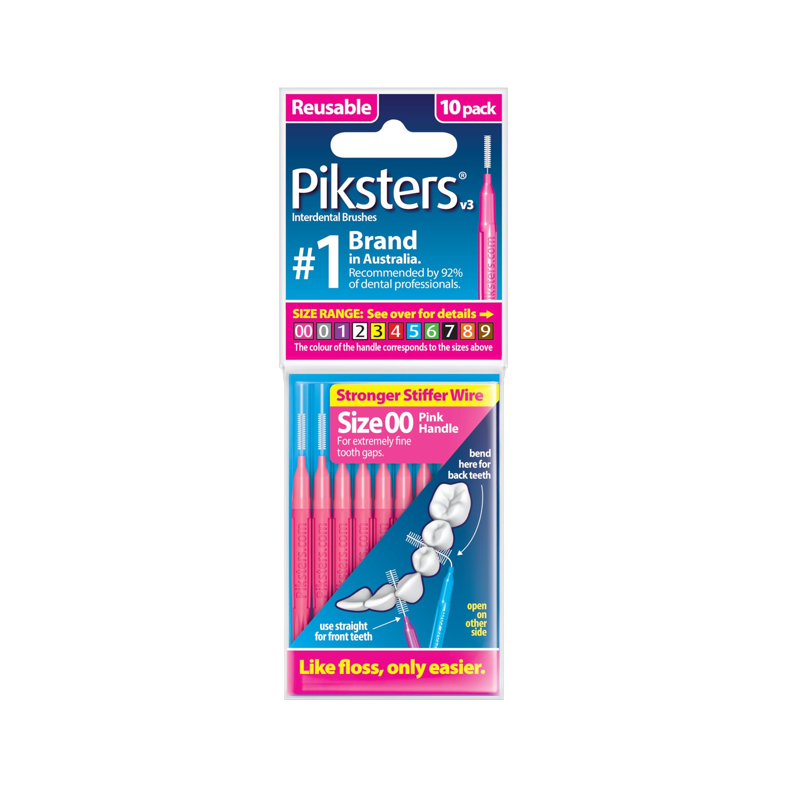 Piksters Interdental Brushes, 10 pk, Size 00, Interdental Tooth Brush for Extremely Tight Gaps, Gum Soft Bristles for Plaque Removal, Safe for Braces