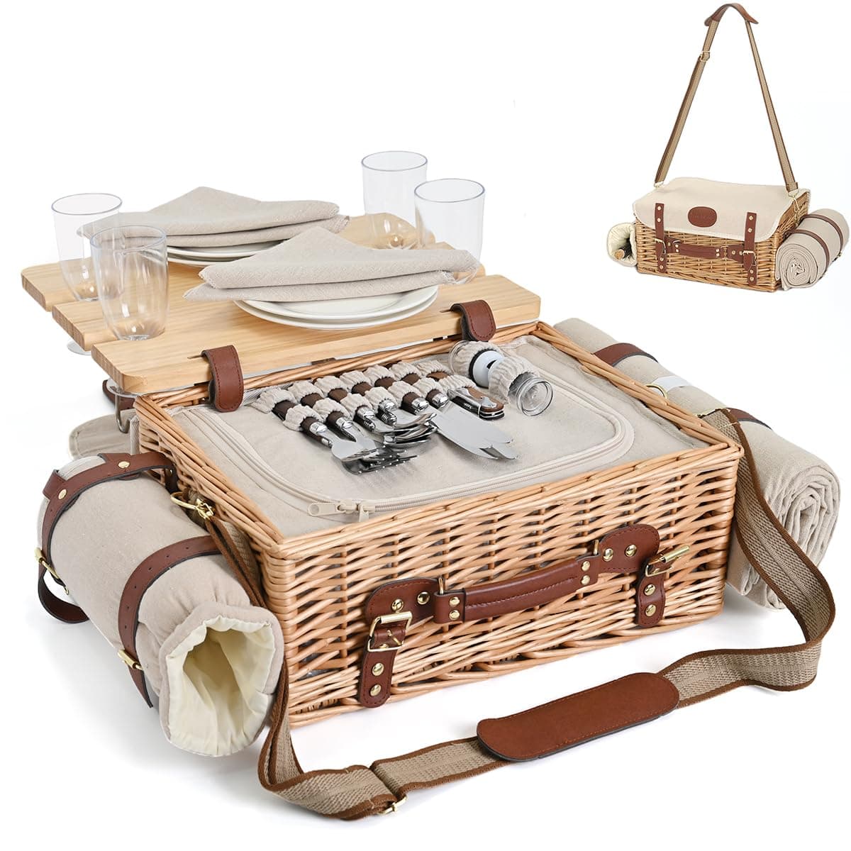 Mutifunctional Wicker Picnic Basket Set for 4 with Blanket and Picnic Table, Insulated Picnic Set with Full Tablewares for Camping Outdoor Couples,Natural