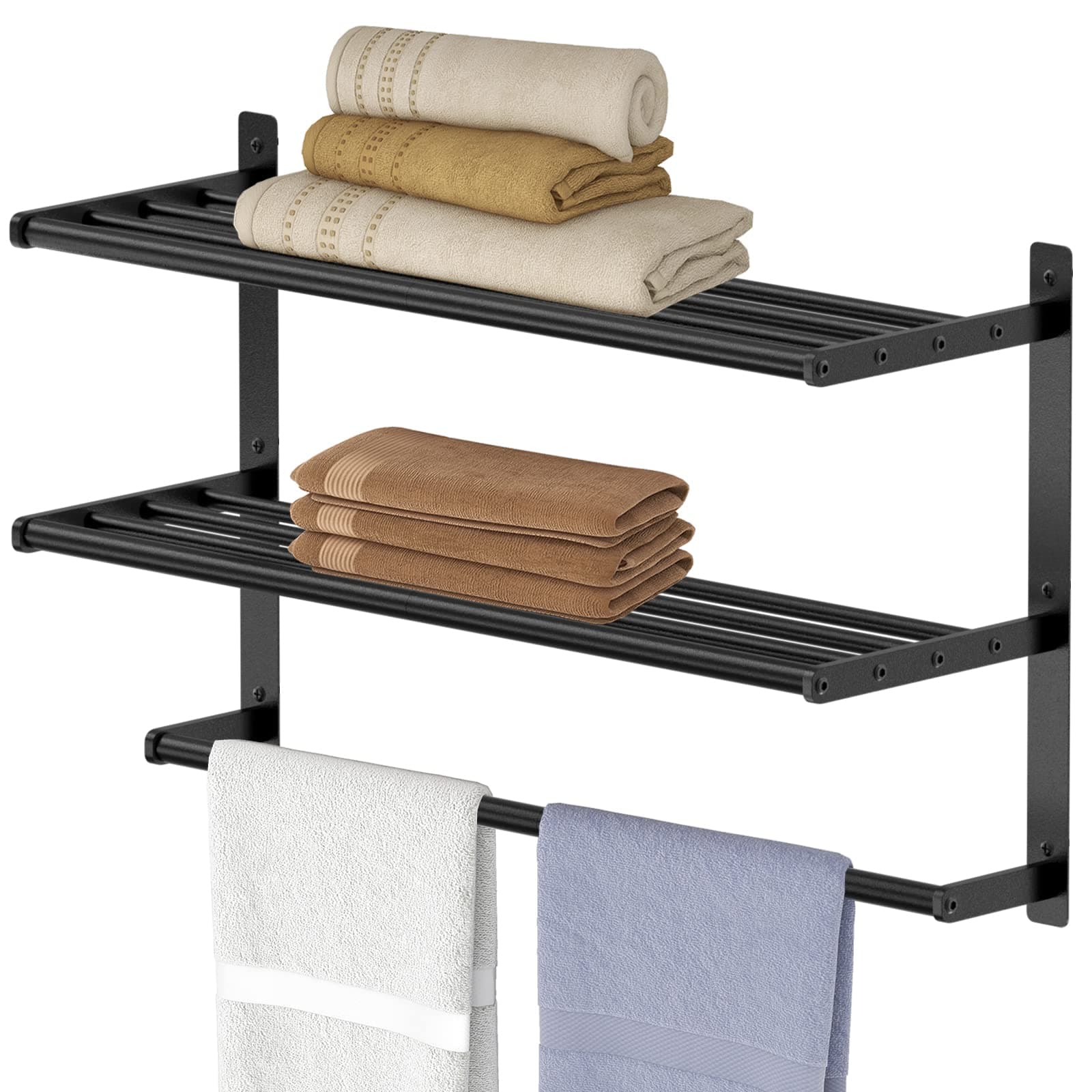 Hotel Towel Racks for Bathroom Wall Mounted, BETHOM 24 Inch Towel Shelf for Bathroom, 3-Tier Bathroom Towel Rack with Tower Bars, Matte Black