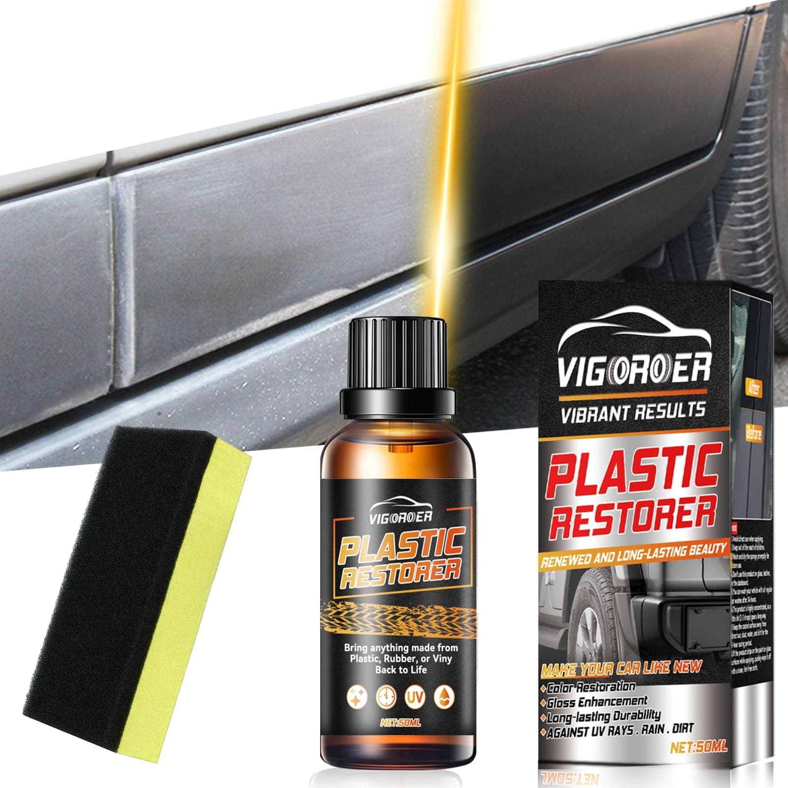 Plastic Restorer for Cars, Lasting Auto Restoring Liquid, Qucik Hydrophobic Ceramic Trim Coating Kit, Exterior and Interior Plastic Revitalizing Coating Agent, Resists Water, UV Rays, Dirt (50ml)