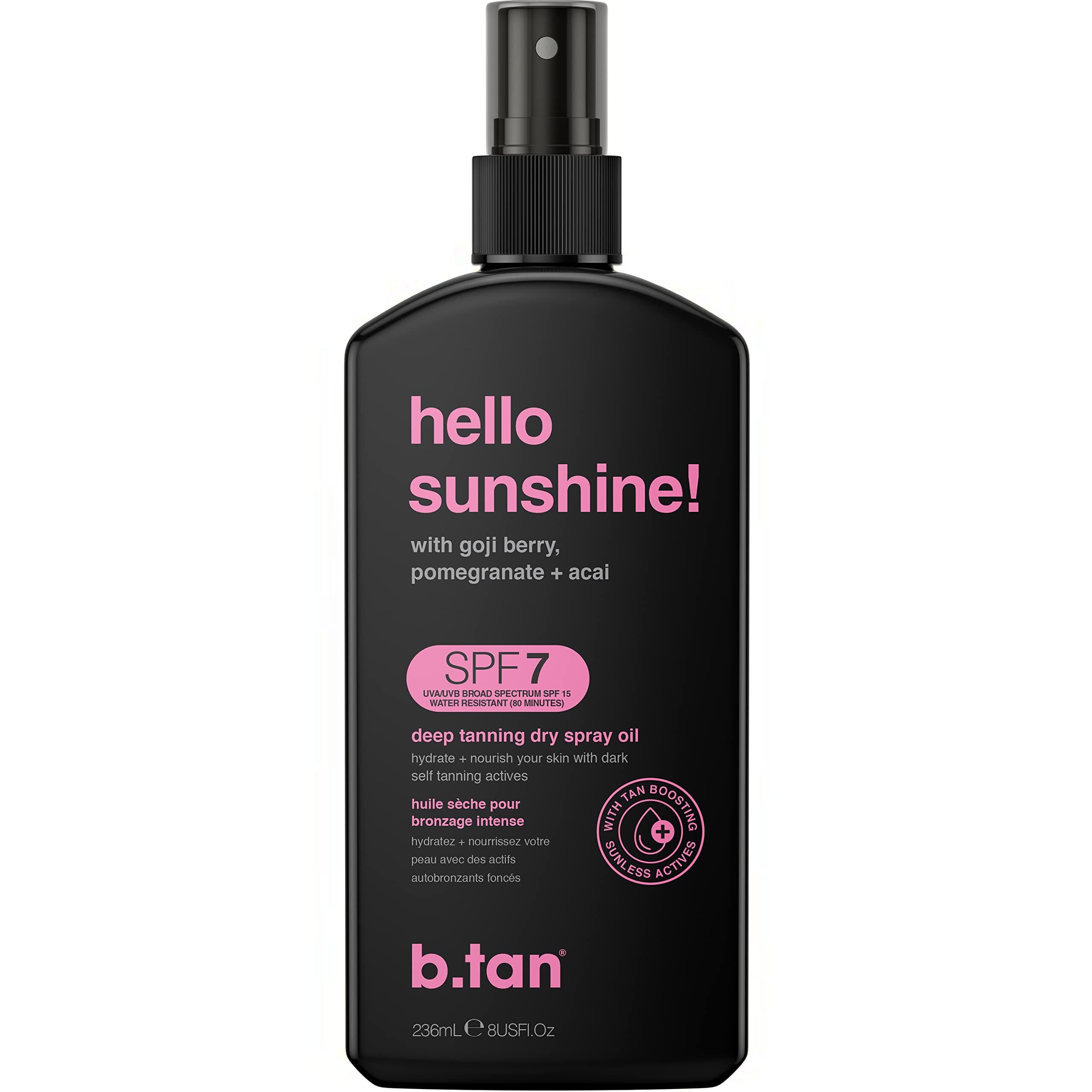 b.tan SPF 7 Tanning Oil | Hello Sunshine - Deep Suntan Dry Spray, Best Outdoor Browning Body Mist, Packed with Moisturizing Goji Berry, Pomegranate + Açai, Austrailian Brand, 8 Fl Oz