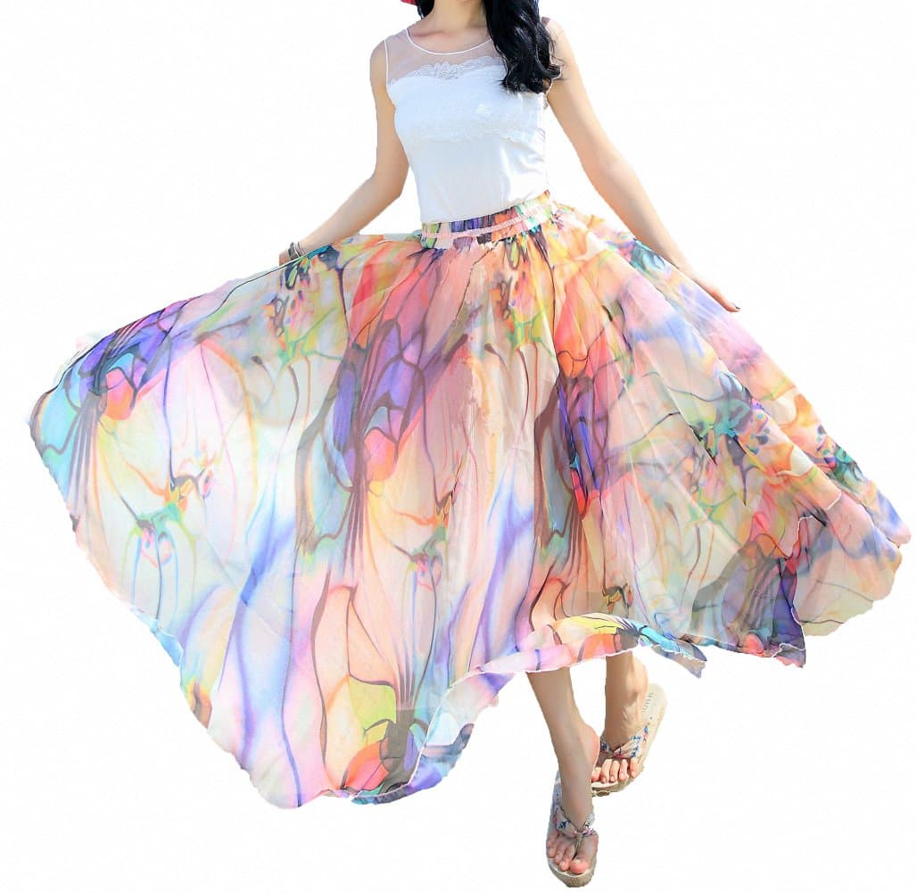 Women Full/Ankle Length Blending Maxi Chiffon Long Skirt Beach Skirt