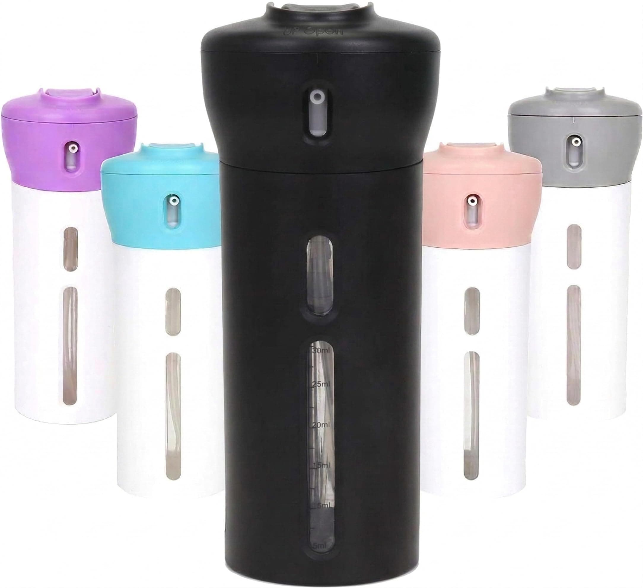 Travigo 4-in-1 Travel Bottle Dispenser, Includes Four Empty Reusable 1.4 oz. (40 mL) Cosmetic Toiletry Containers for Sanitizer, Soap, Lotions, Skincare, Makeup Products (Black), Black, Plastic