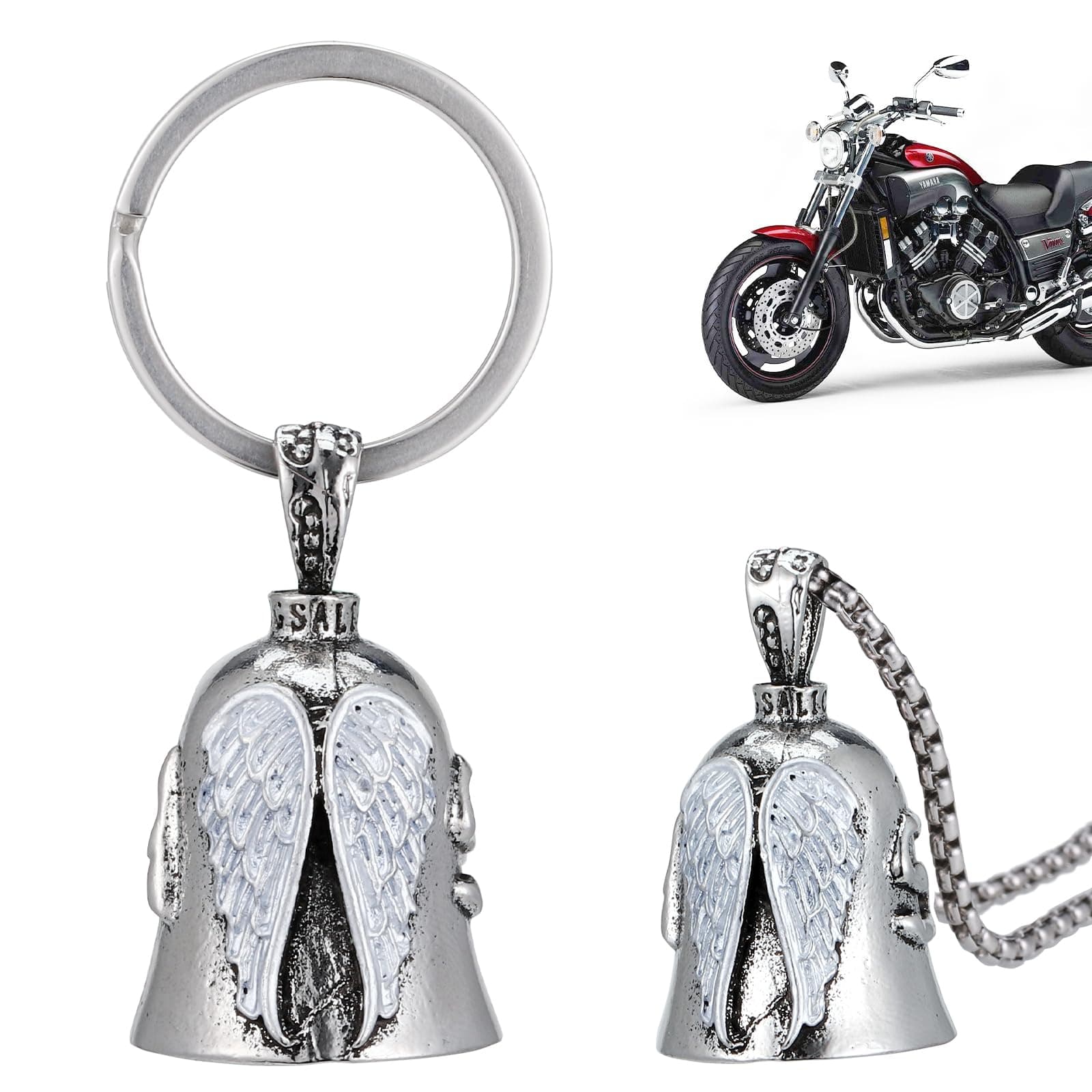 2Pcs Motorcycle Guardian Bell, Angel Guardian Riding Bell with Chain, Stainless Steel Motorcycle Bells Luck Riding Bell, Motorcycle Accessories Gifts for Man Husband
