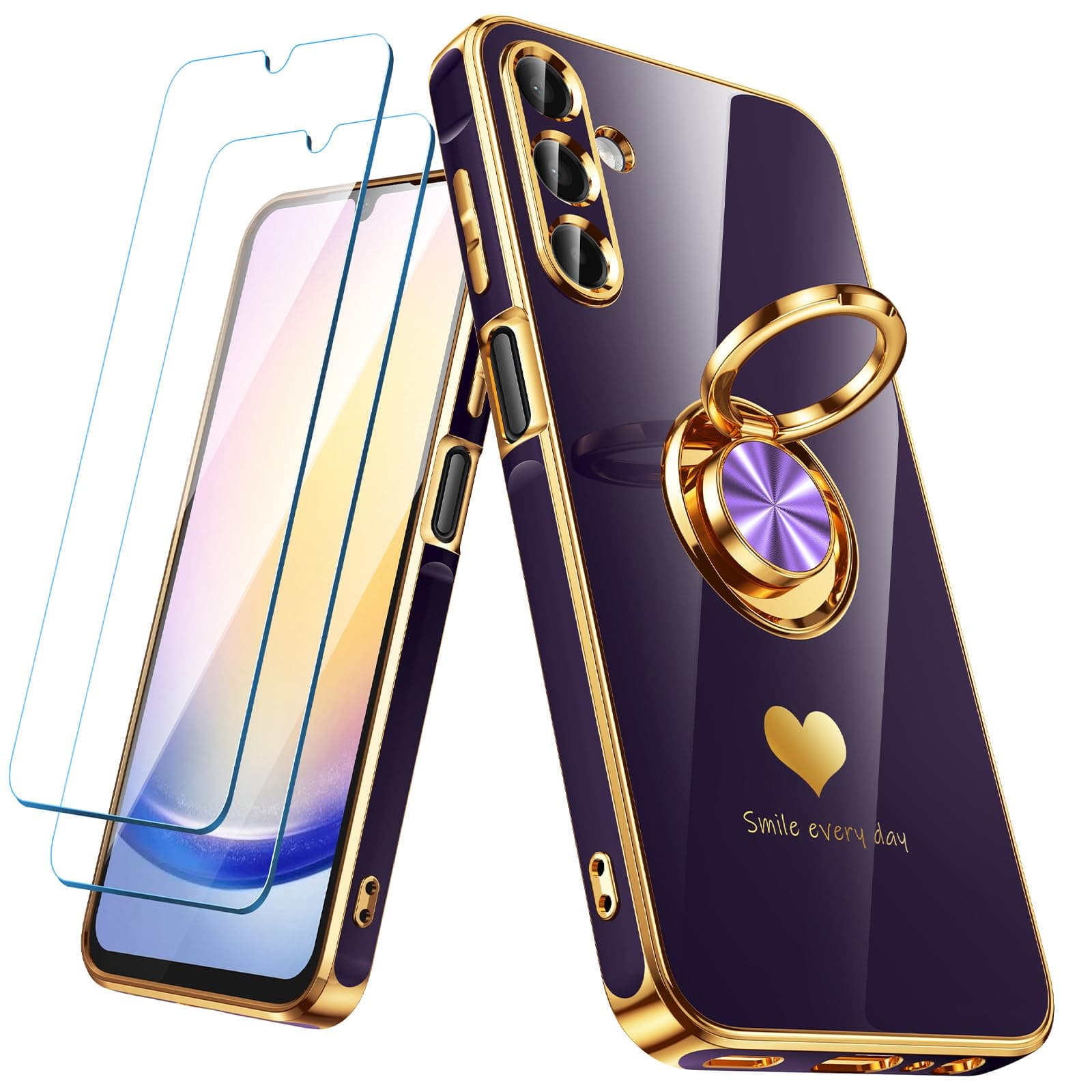 for Samsung Galaxy A25 5G Case with 2 Pack Screen Protector, 360° Rotatable Ring Holder [Luxury Hearts Pattern] Plating Gold Edge Slim Soft Phone Cover Case for Galaxy A25 - Purple