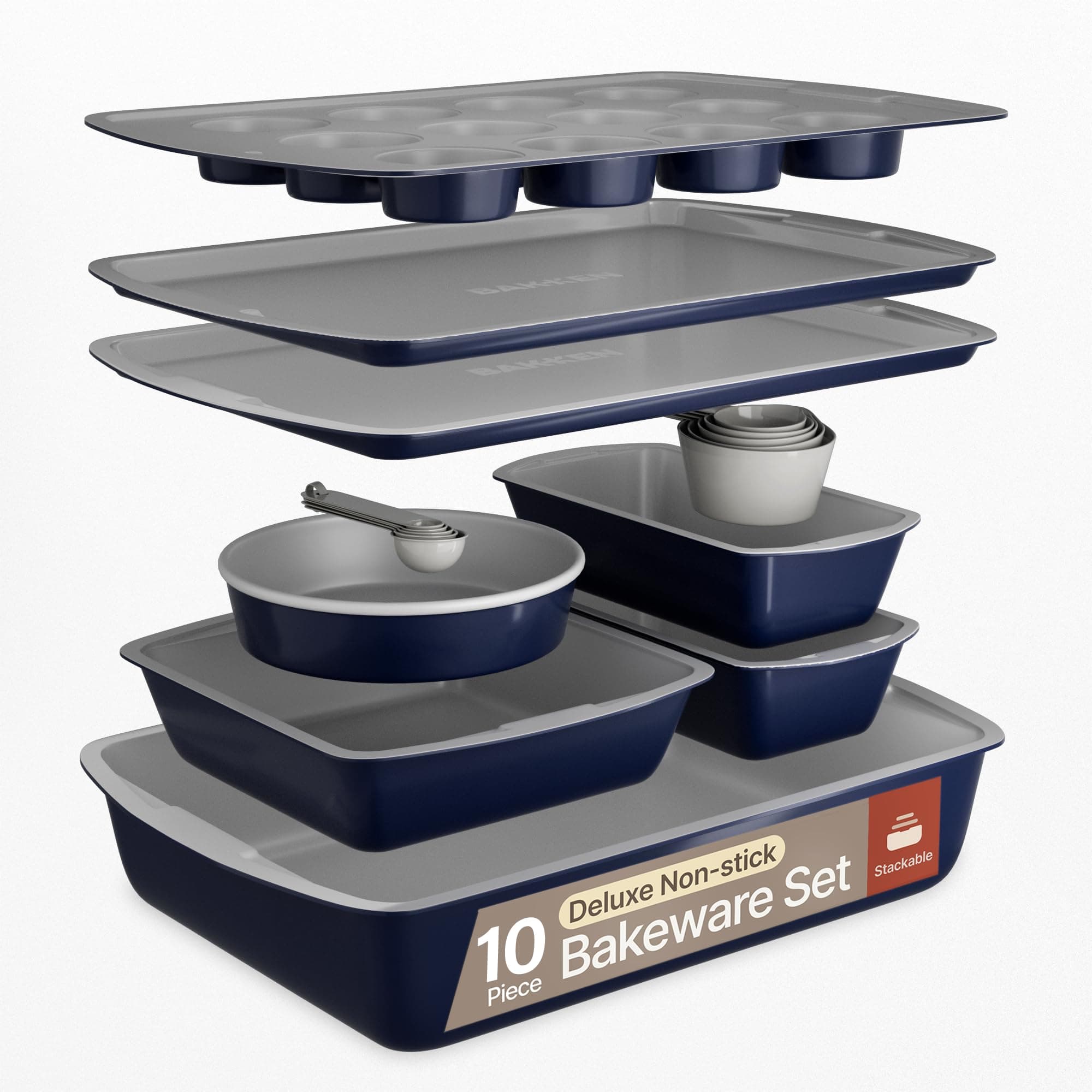 Royal Blue 10-Piece Bakeware Sets, Nonstick Carbon Steel Baking Sheet & Pans, Stackable Space-Saving Bakeware, Dishwasher Safe, Stain-resistant, PFOAPFOSPTFE Free, Oven Safe Up To 450°F (230°C)