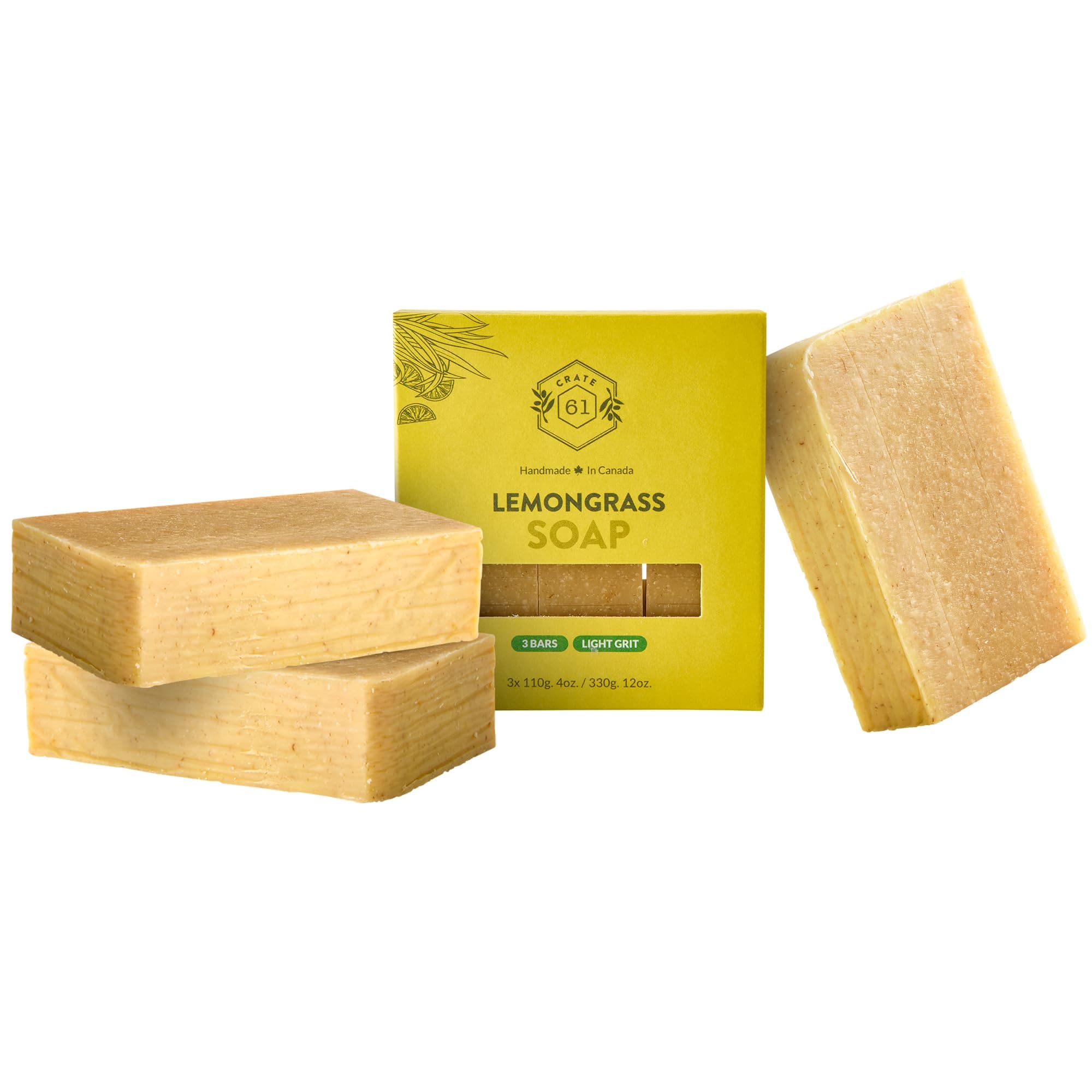 Crate 61 Lemongrass Soap 3 pack, 100% Vegan Cold Process, scented with premium essential oils, for men and women, face and body. ISO 9001 certified manufacturer