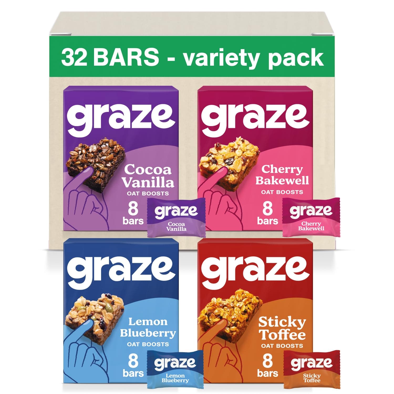 Graze - Sweet Snacks Bundle of Oat Boost Bars - Made With Whole Oats and Natural Flavours - 8x4 snack bars - Total of 32 snacks