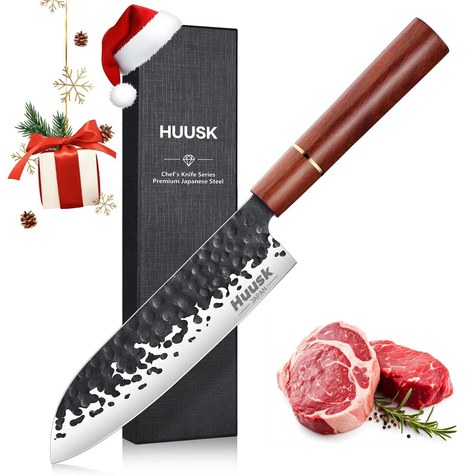 Huusk Japanese Santoku Chef Knife, Professional Chef Knife 7 Inch, Razor Sharp Kitchen Knives for Meat Cutting, Multipurpose Cooking Knives with Hand Forged Blade & Rosewood Handle, Christmas Gifts