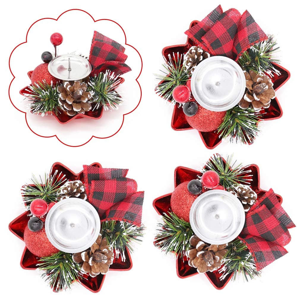 3 PCS Christmas Candle Holder, Frosted Pine Cone Red Ornaments Candle Sticks Decorative Red Berries Ribbon Bow, Holiday Candlelight Stand for Xmas Dining Room Decoration Display Home Decor