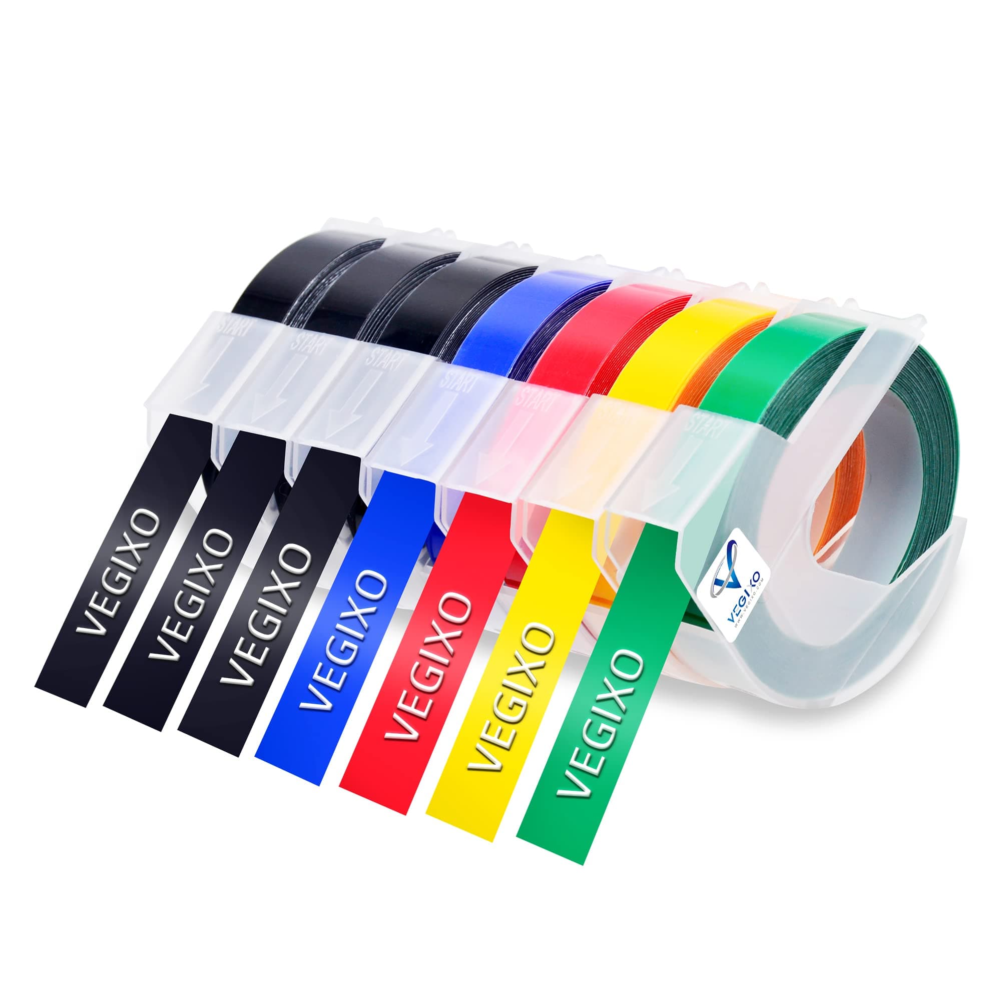 VEGIXO 3D Embossing Label Tape -9mmX3m Pack of 7 -White on Blue/Black/Red/Green/Yellow, Compatible for Dymo Omega Junior/Organizer Xpress Embossing Label Makers