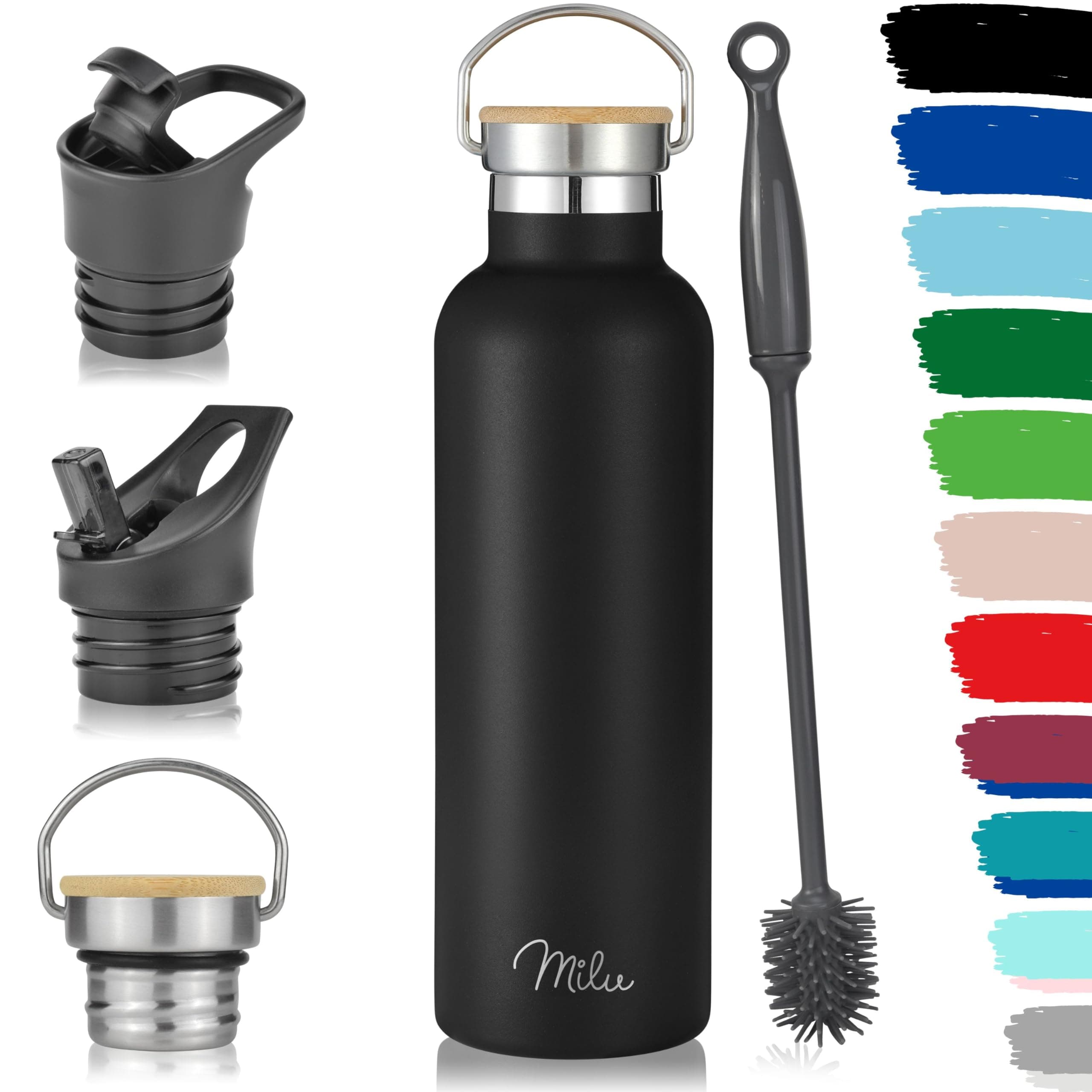 Milu Stainless Steel Drinking Bottle 350ml, 500ml, 750ml, 1l (+3 Lids) - Thermo Bottle with Straw, Water Bottle, for Hot, Cold & Carbonated Drinks (Black, 750ml)