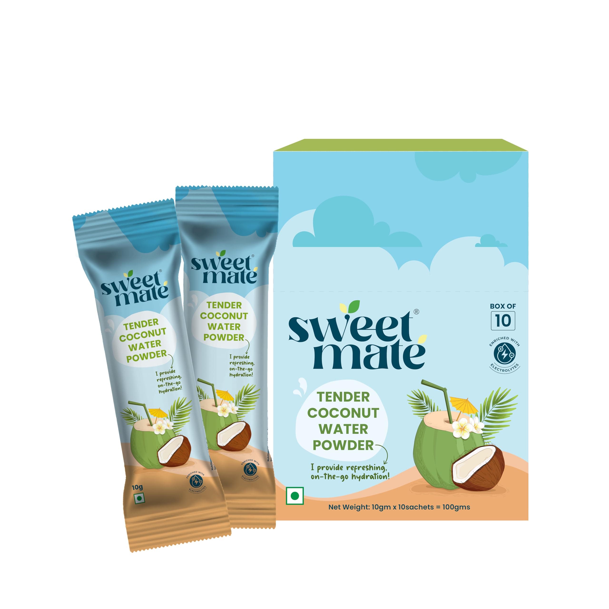 SweetmateCoconut Water Powder Premix - 10 Sachets | Real Tender Coconut Water | Natural Sugar Free Drink with Electrolytes for Instant Energy | Nariyal Paani for Daily Hydration & Healthy Skin