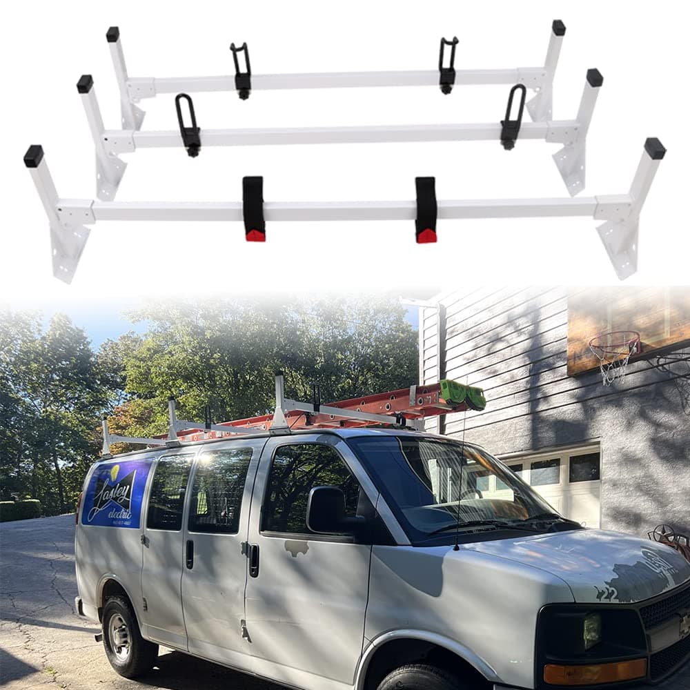 MELIPRON Full Size Cargo Van Ladder Roof Rack, 3 Bar Rain-Gutter Mount Racks