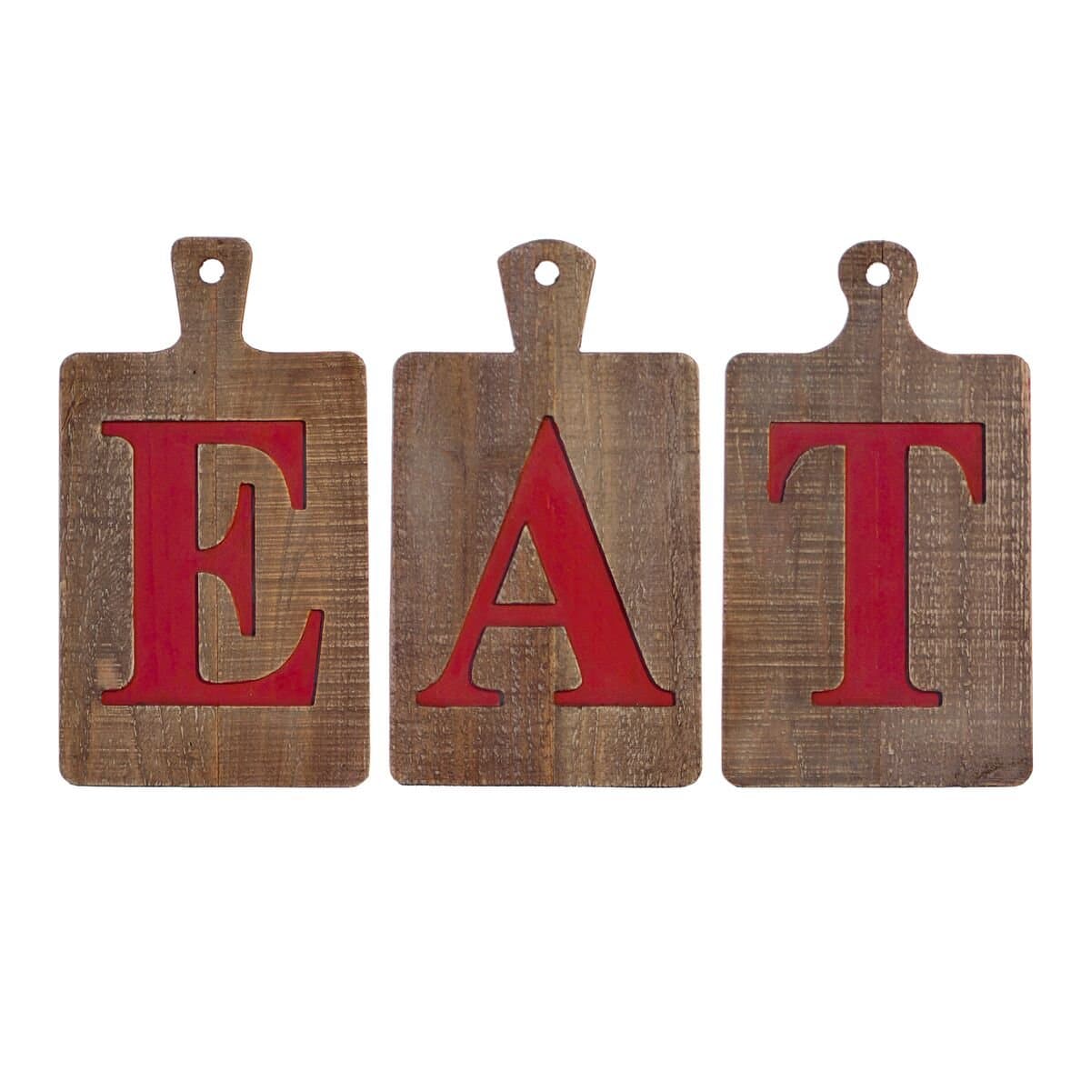 Wooden EAT Letters on Decorative Shaped Hanging Cutting Boards, Three Piece Wall Plaque Set