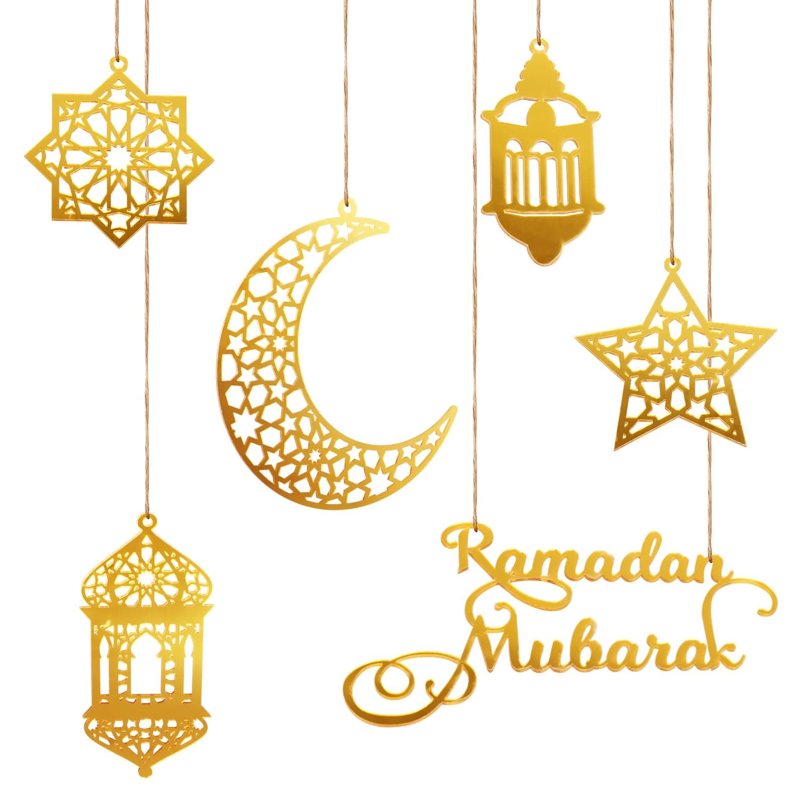 6pcs Ramadan Ornaments, Acrylic Ramadan Kareem Decoration Eid Mubarak Pendant Wind Light Moon Star Shaped Ramadan Decor for Hanging on Walls Windows Trees (Golden)