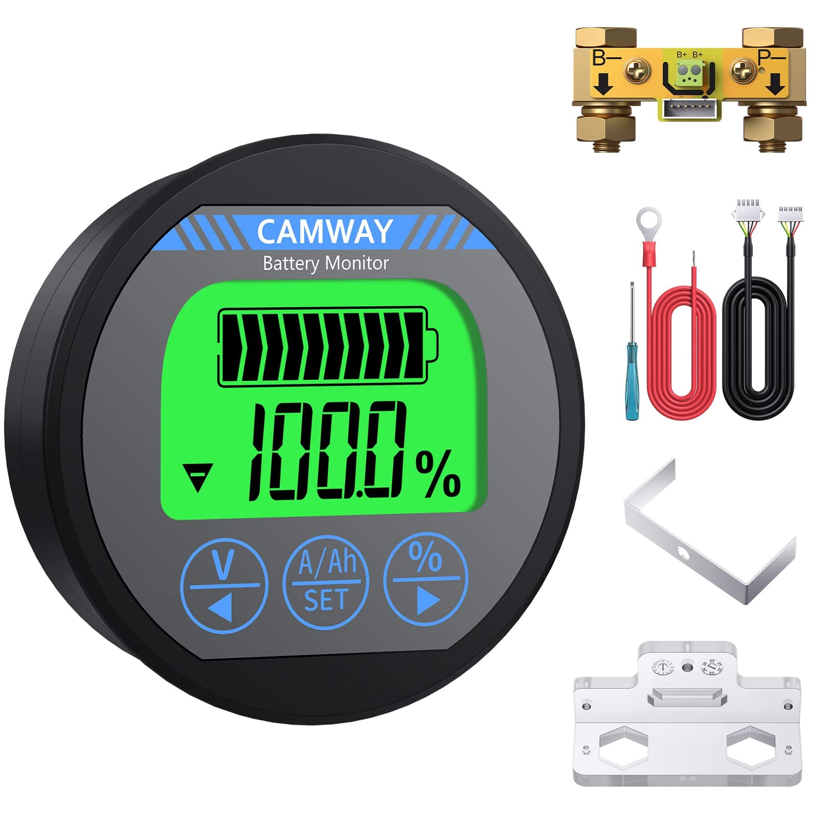 CAMWAY Battery Monitor with Shunt and Shielded Wire 10ft/3m, 8-120V 0-500A Voltmeter Ammeter, Backlight Waterproof Battery Voltage Current Meter for Caravan RV Motorhome Golf Cart Boat,etc