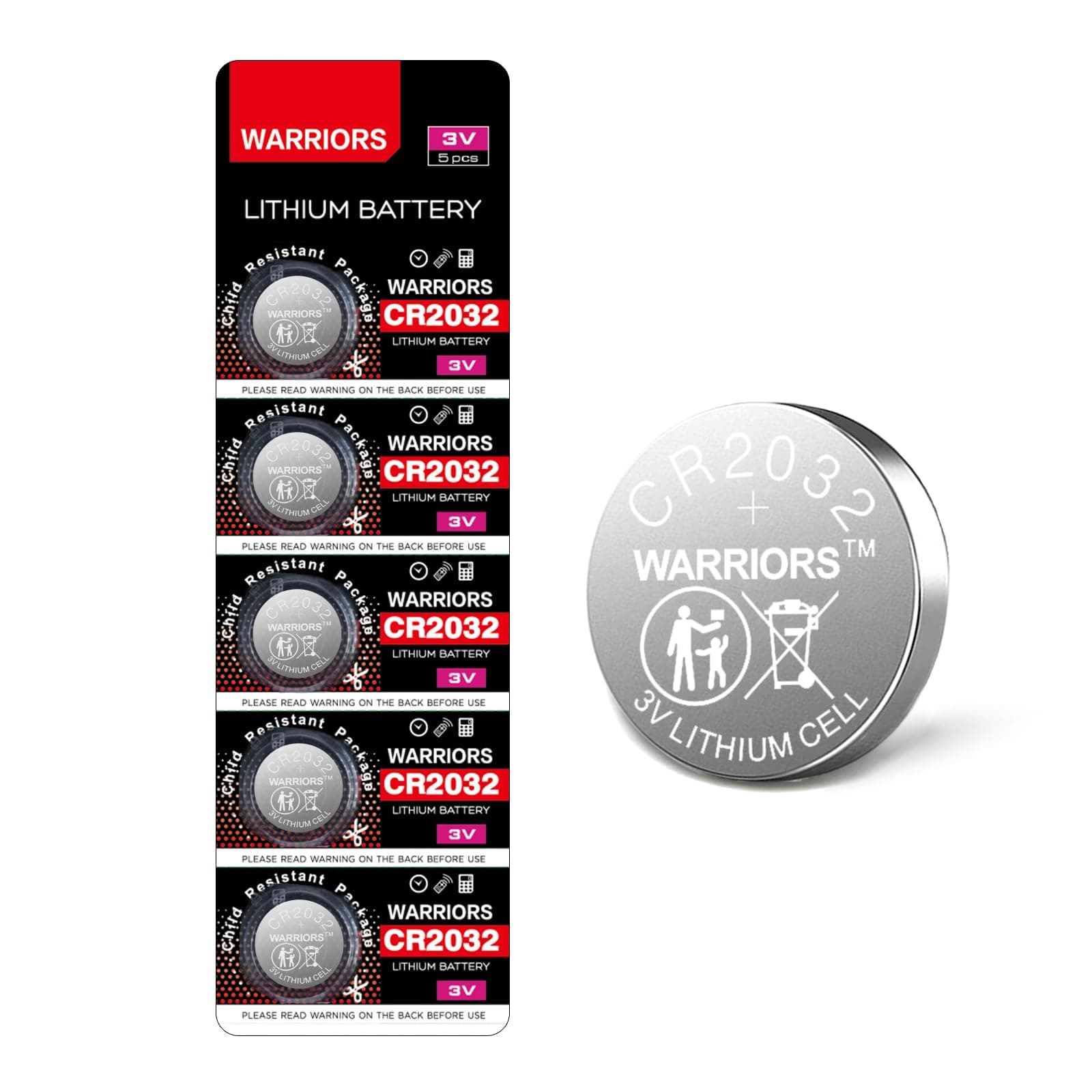 Warriors 5X 2032 CR2032 Batteries Coin Button Cell 3V 3 Volt Lithium 240mAH Battery Up to 70% Extra Life Child Resistant Safety Package Retail Pack
