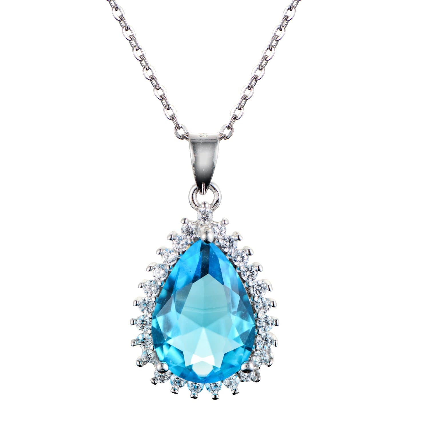 Women Pendant Necklace Ocean Blue Teardrop Crystal with CZ Stone 925 Sterling Silver Chain 18" by JFUME