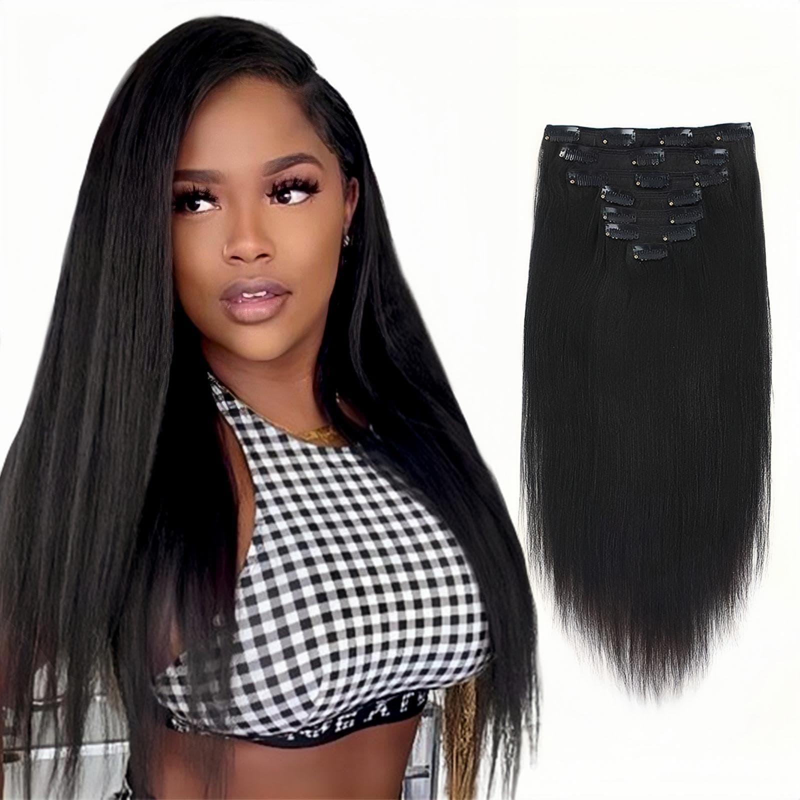 Yaki Straight Clip Ins Hair Extension Relaxed Italian Yaki 16inch 120g per Pack Remy Human Hair Coarse Yaki Clip In Hair Extensions For Black Women 7 Pieces set