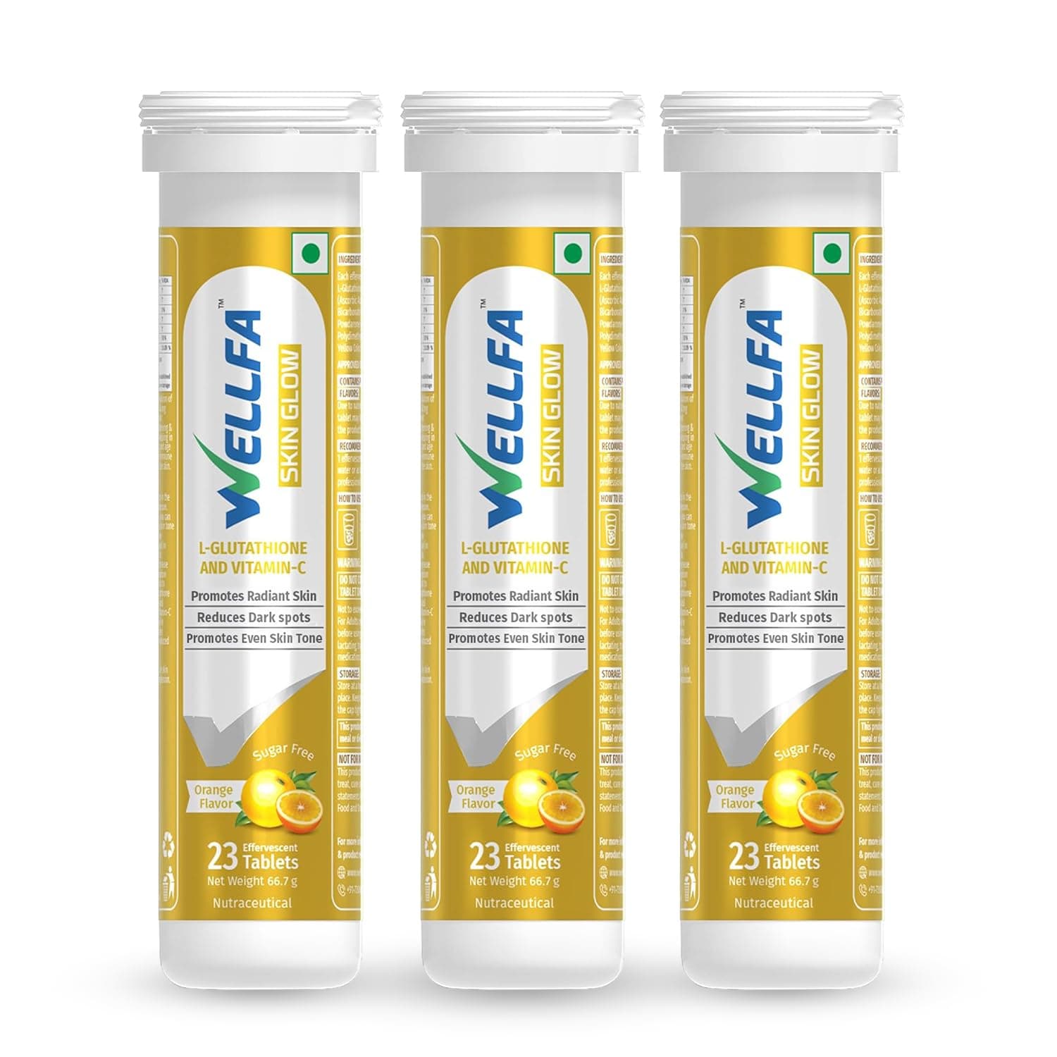 WELLFASkin Glow Effervescent Tablets | L-Glutathione 500 mg + Vitamin C | 69 Tablets (Pack of 3)|Skin Brightening & Radiance Support | Reduces Pigmentation & Dark Spots |