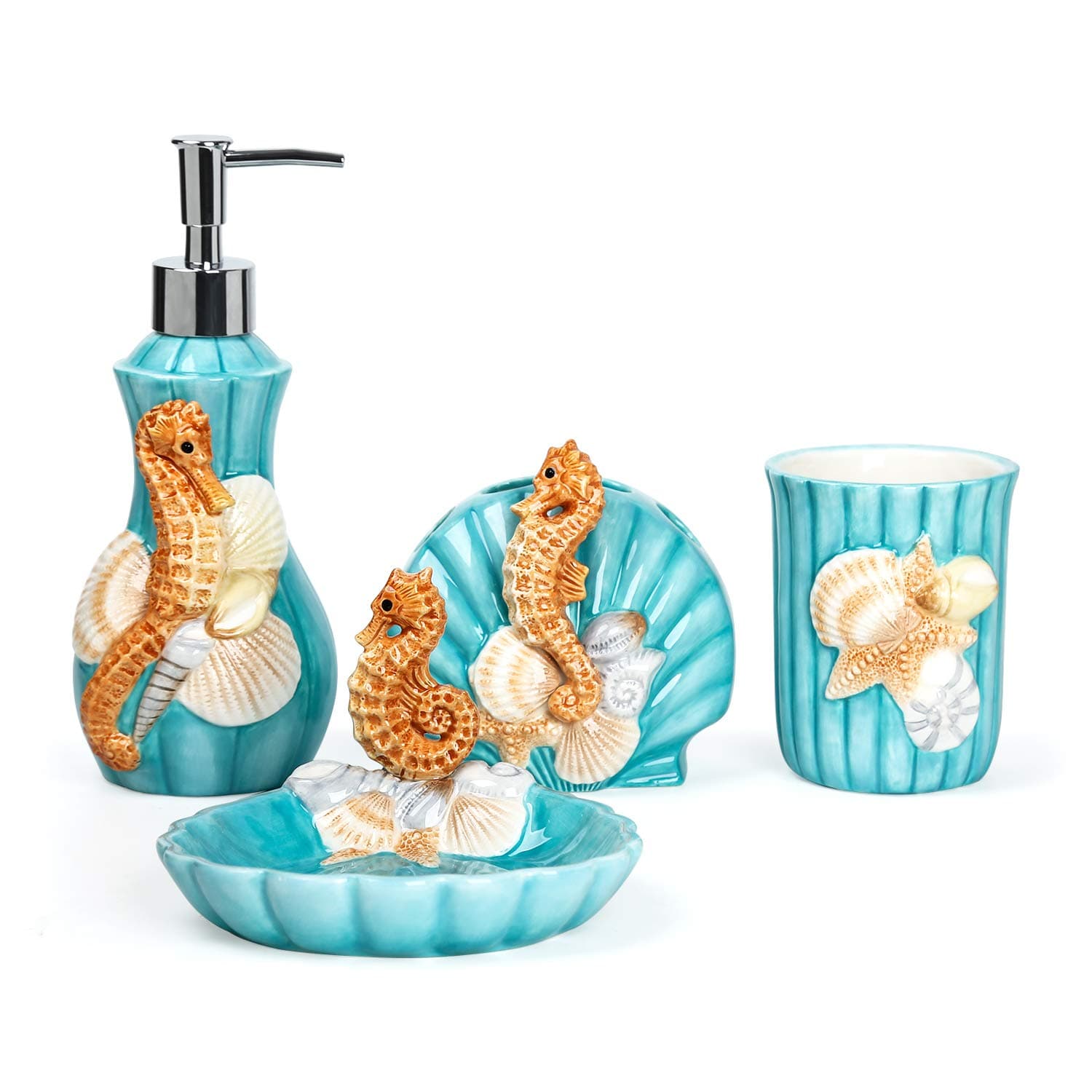 FORLONGCeramic Bathroom Accessories Set, 4 Piece 3D Floating Seahorse Shell Bathroom Ensemble Set with Toothbrush Holder, Toothbrush Cup, Soap Dispenser, Soap Dish -Green