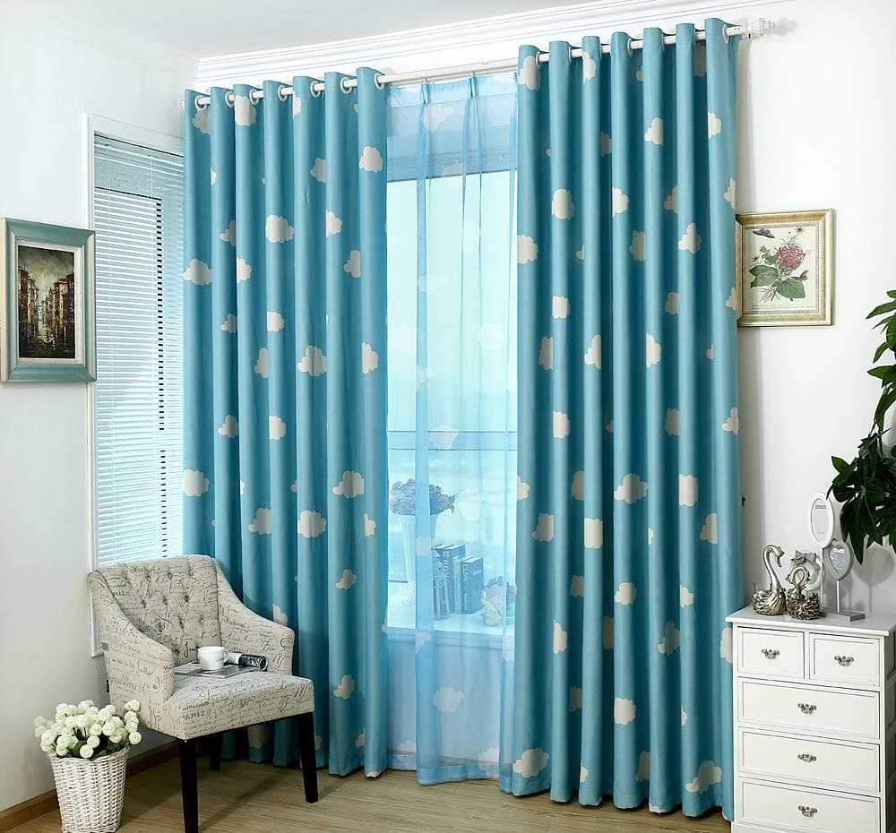 GYROHOMEBlue and White Cloud Curtain Grommet Top Thermal Insulated Room Darkening Engery Saving Drape Noise Reducing No Formaldehyde, 2 Panel, 54x63inch