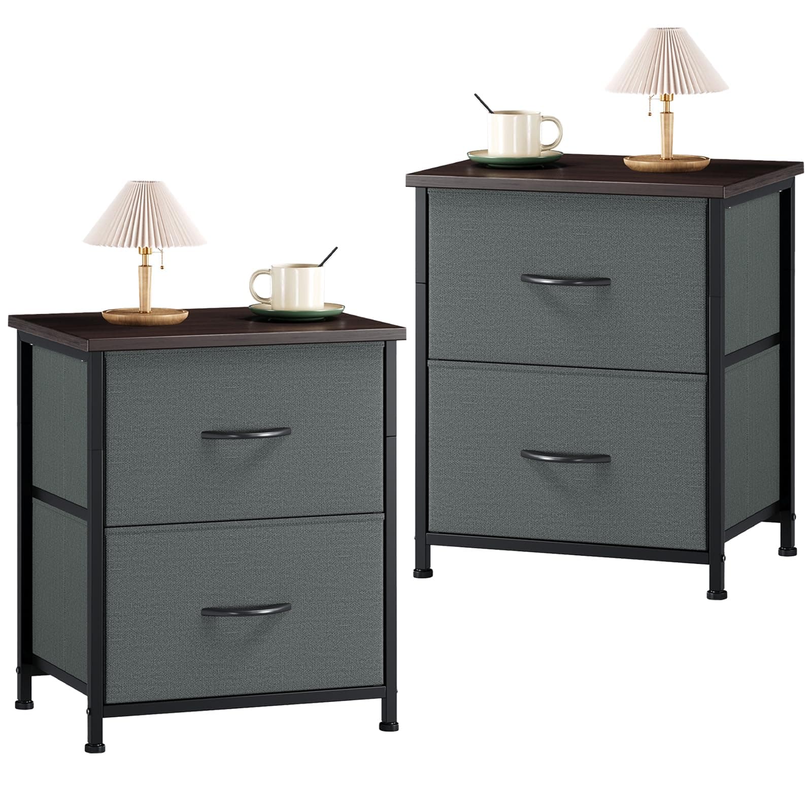 Nightstand Set of 2, Small Dresser for Bedroom with 2 Drawers, Bedside Table Night Stand End Table with Fabric Bins for Bedroom Kids Closet Dorm Guest Room, Charcoal Grey