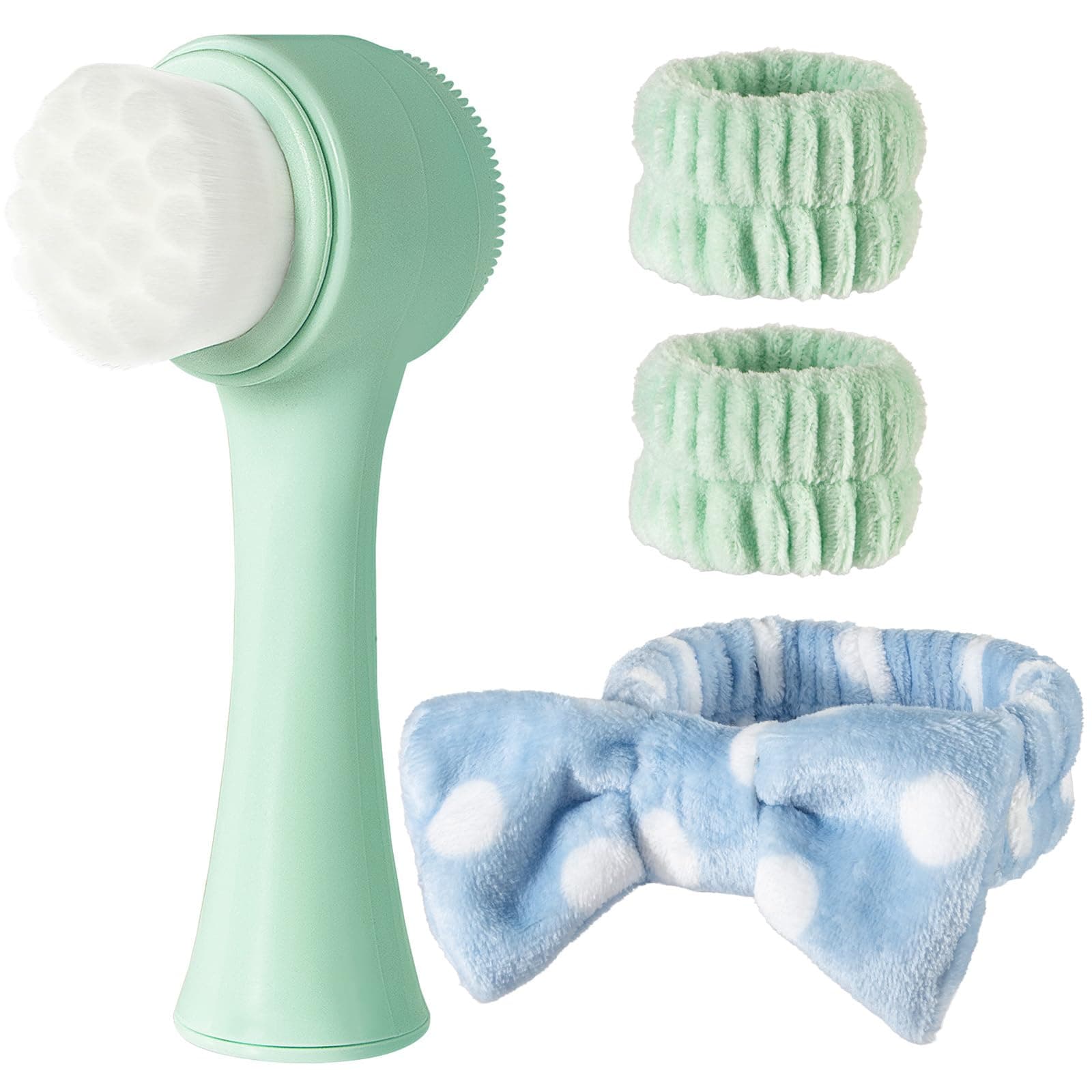 Facial Cleansing Brush 2 in 1, Silicone Face Scrubber Dual Face Brush for Deep Pore Cleansing and Exfoliating, Skincare Headband and Wristbands Set for Washing Face, Massaging Spa Makeup, Cyan