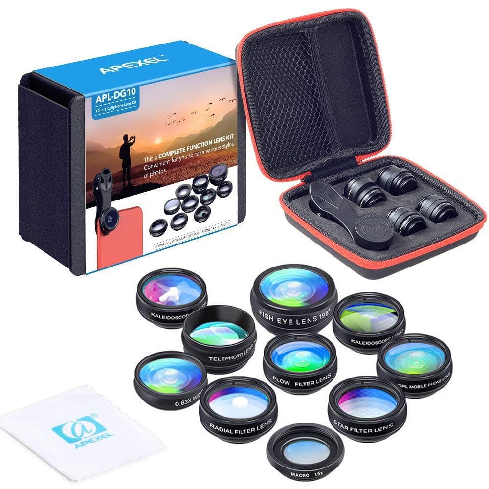 10 in 1 Phone Camera lens kit Wide Angle lens, Macro lens, Fisheye lens, Telephoto lens, Kaleidoscope 3/6 lens CPL/Flow/Star/Radial Filter Clip-on Phone for iPhone Samsung Most of Smartphone