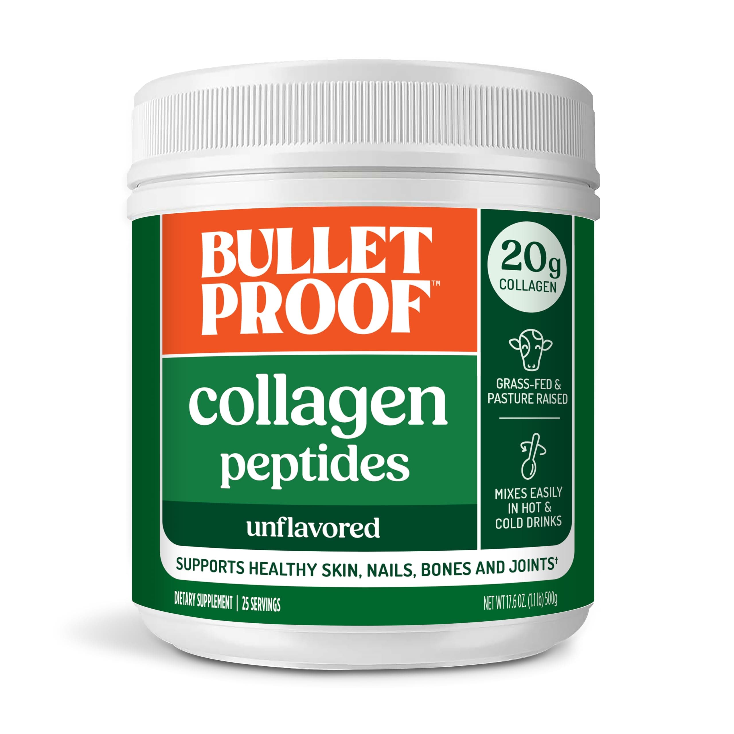 Bulletproof Unflavored Collagen Peptides Powder, 20g Grass-Fed Collagen Protein and Amino Acids for Skin, Bones and Joints, 17.6 Ounces
