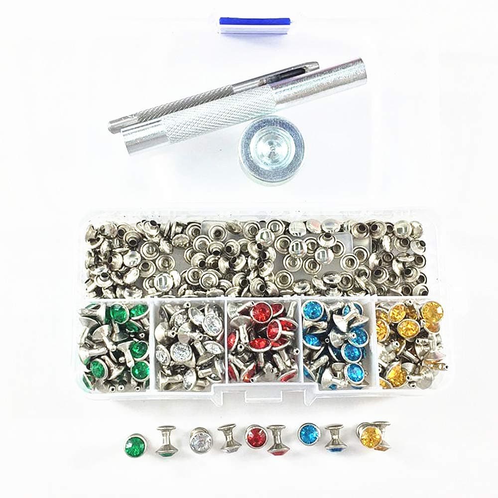 200 Sets 5 Colors Double-Sided Rhinestone Studs Punk Diamond Spikes Rivetsfor Leather/Belt/Handbag Leather Decoration with Fixing Tool (Mixed Color)