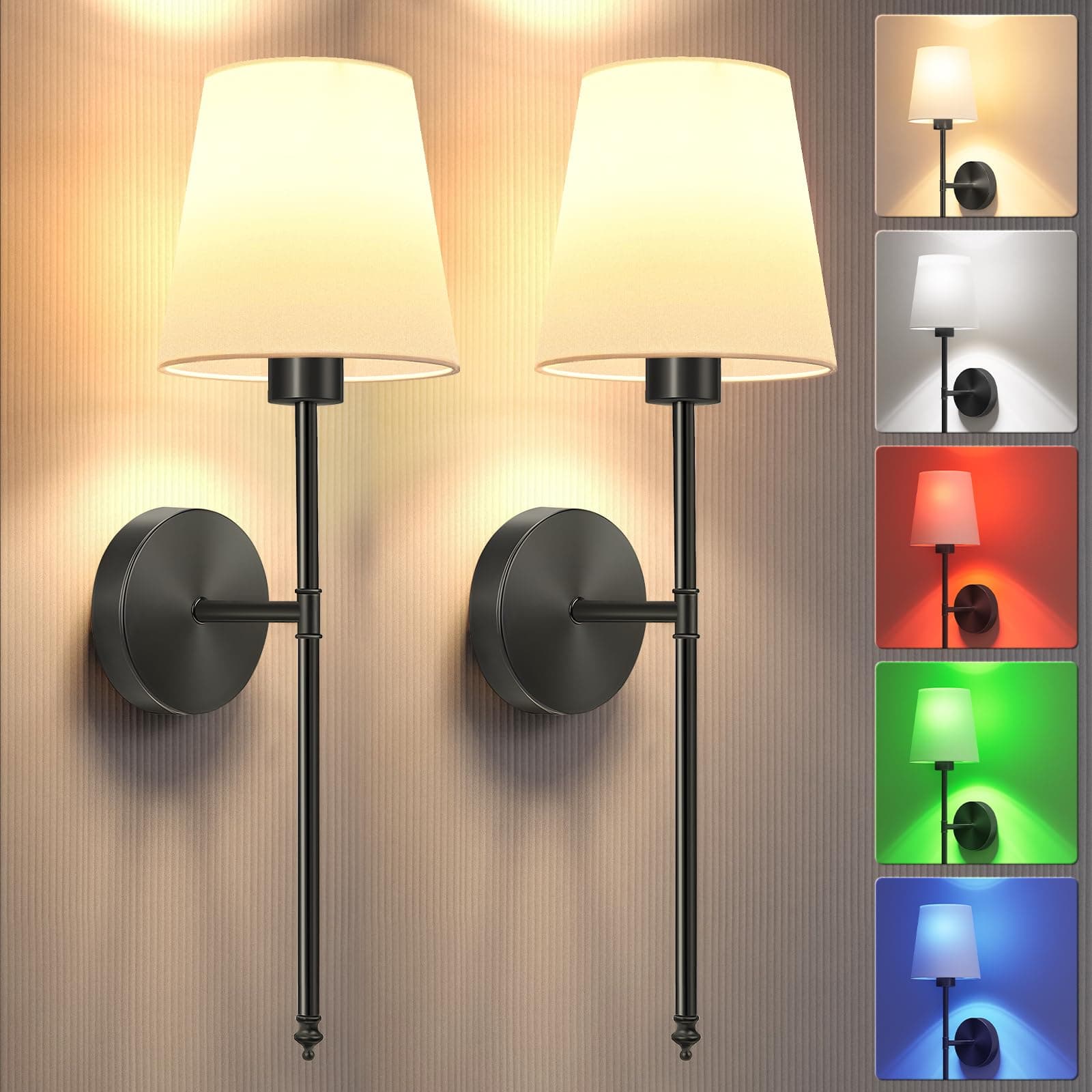 Battery Operated Wall Sconce Set of 2，Black Wireless Wall Sconce with 5200mAh Dimmable Detachable Bulbs and Remote, 10 Colors Rechargeable Sconces Decor for Bedroom Living Room Hallway