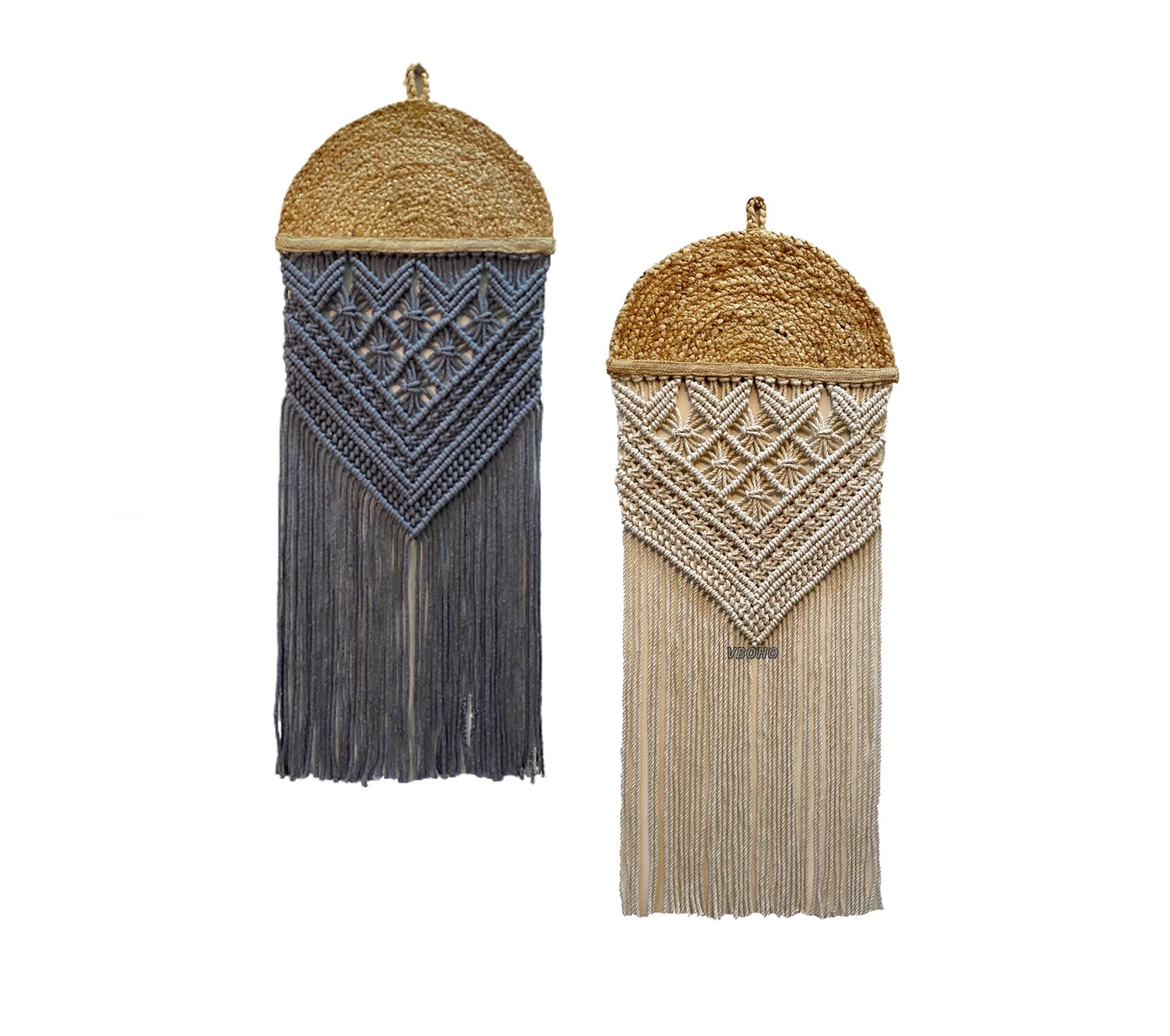 V BOHO handmade macrame Wall Hanging made of jute and cotton for Living Room and Bedroom decoration Set of two pieces sustainable decor