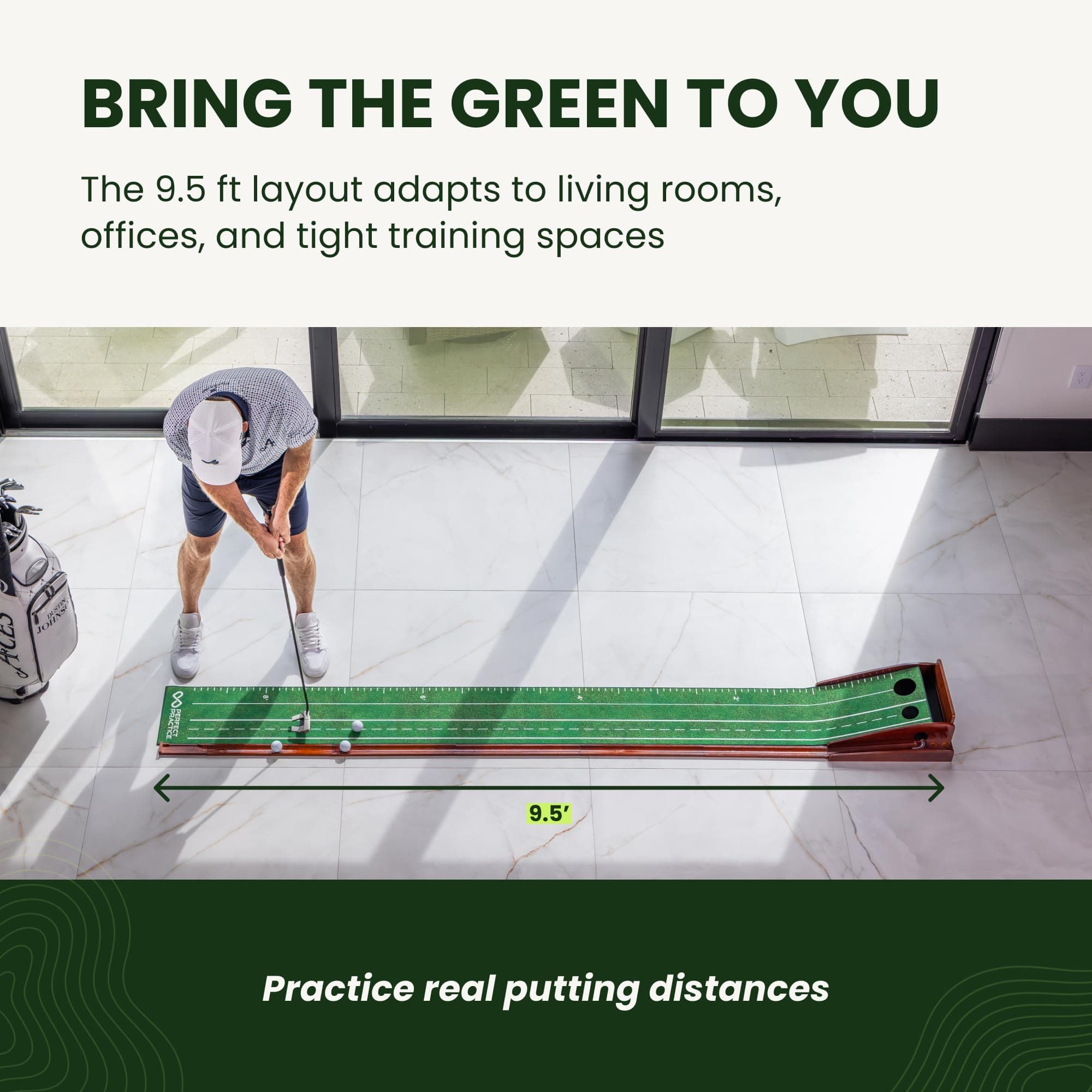 PERFECT PRACTICE Putter Practice Mat Golf Putter Mat Official Dustin Johnson Golf Practice Putting Automatic Ball Guidelines Hitting Straighter Indoor/Outdoor Use