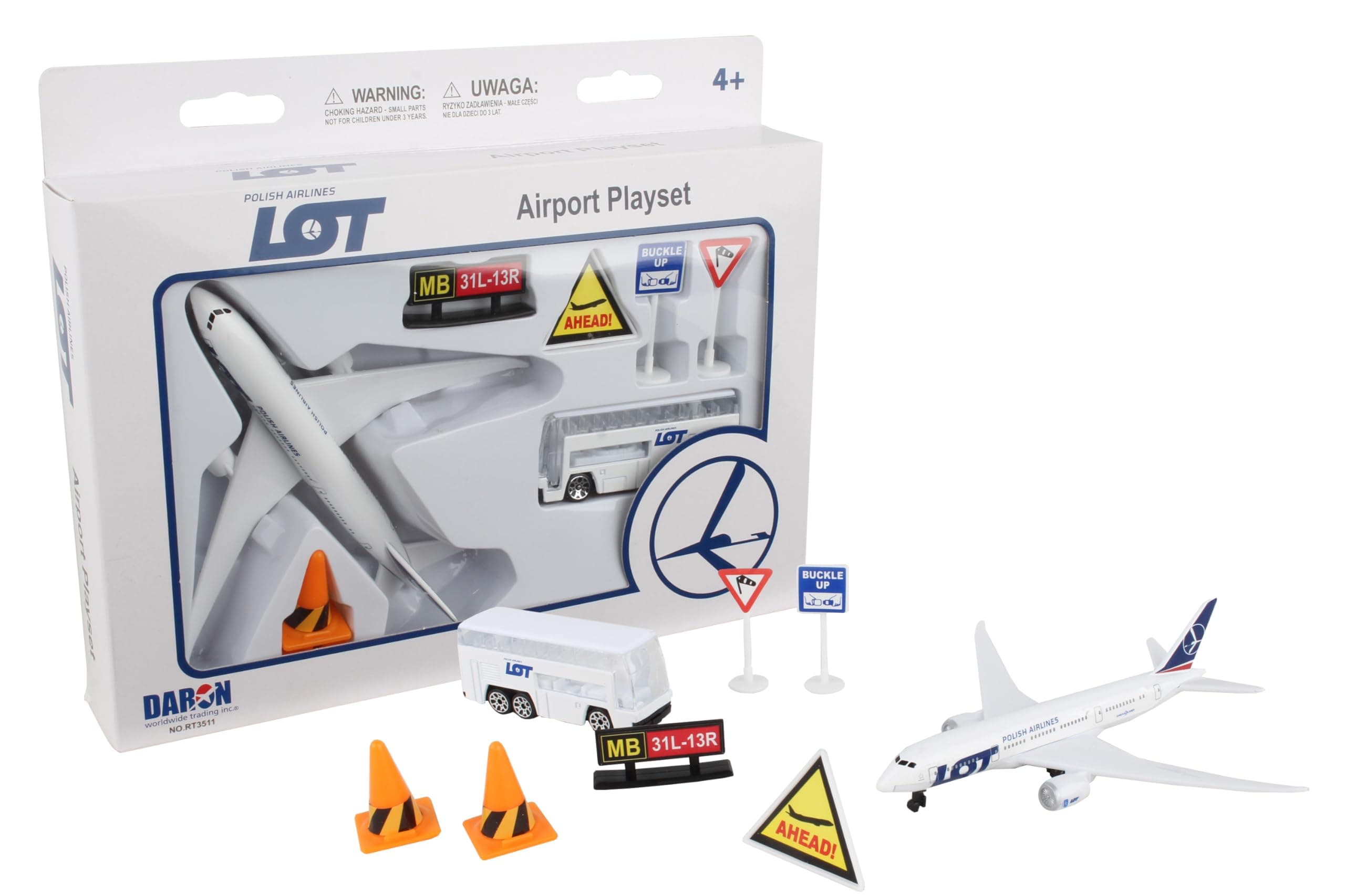 Daron LOT Polish Airlines Airport Playset – Die-Cast Metal Toy Airplane with Accessories – Officially Licensed Airline Play Set for Kids Ages 3+