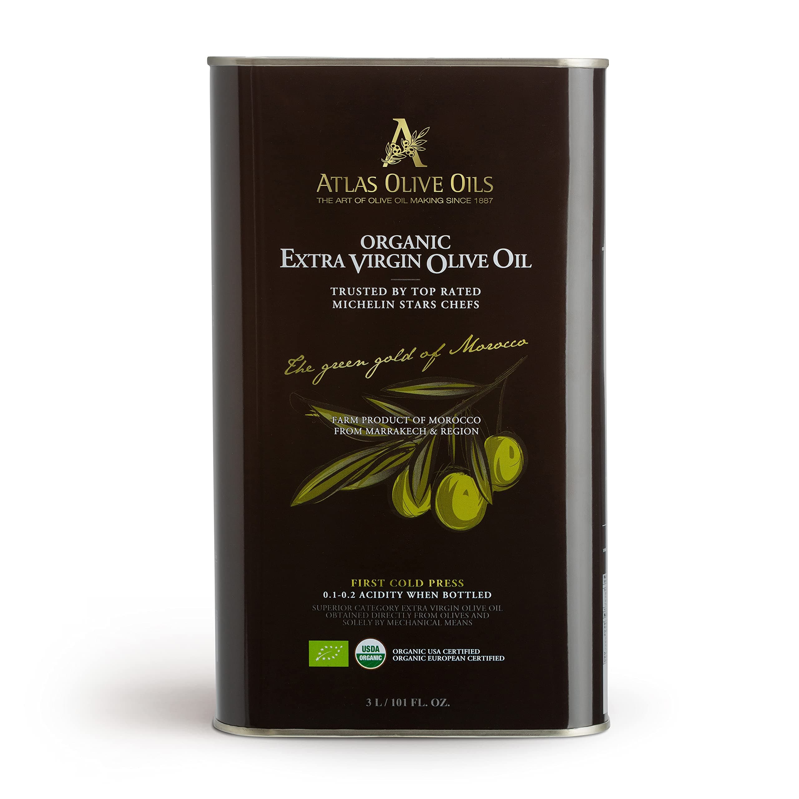 A ATLAS OLIVE OILS Organic Cold Press Extra Virgin Olive Oil with Polyphenol Rich, Newly Harvested Unprocessed from One Single Family Farm Cold Press Ext. Virgin 101 Fl Oz (Pack of 1)