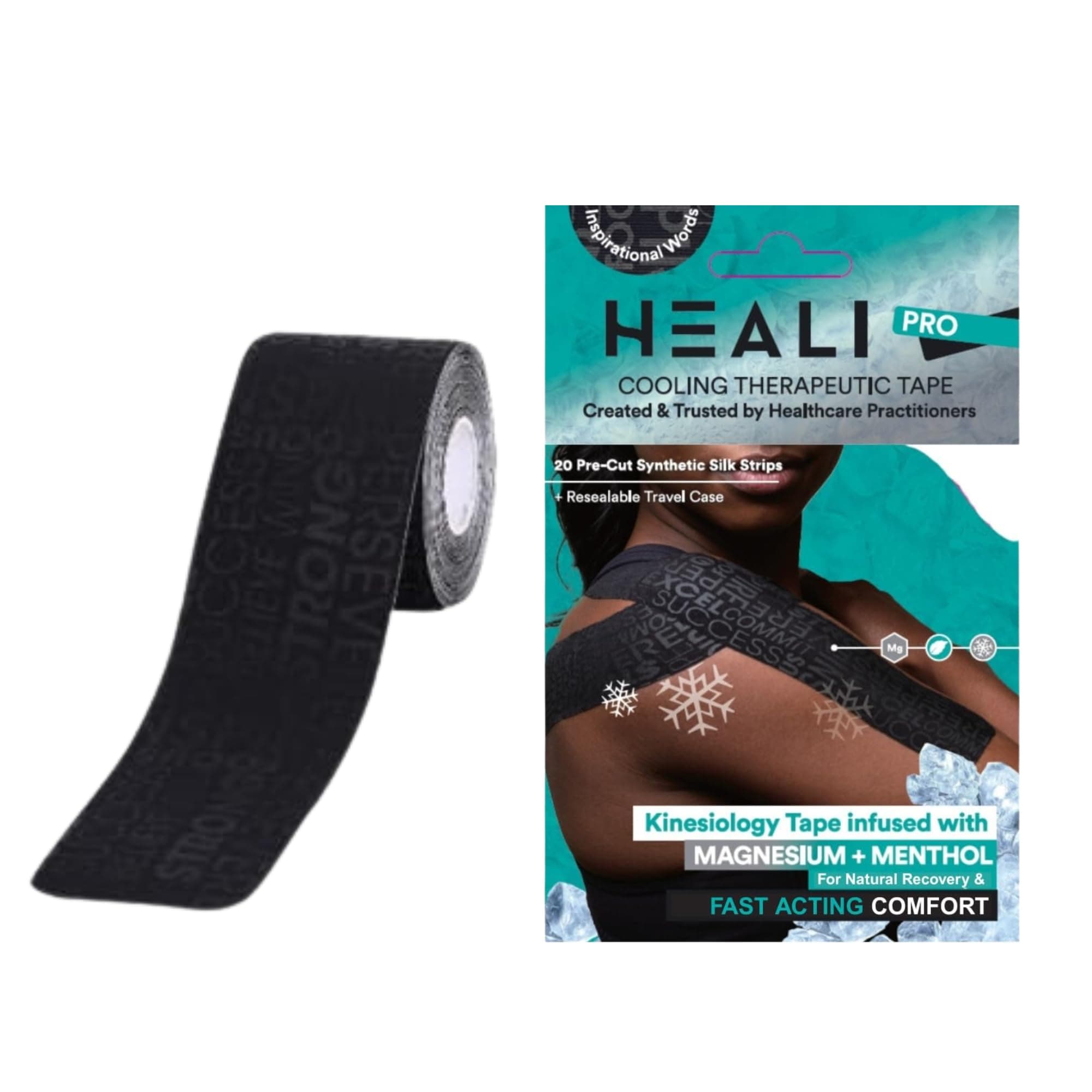 - Heali Kinesiology Tape with Magnesium and Menthol, 20 Pcs Precut Strips, K Tape Roll, Knees, Physical Therapy Sports Tape for Muscle and Joint Relief, Water Resistant, Black Inspiration