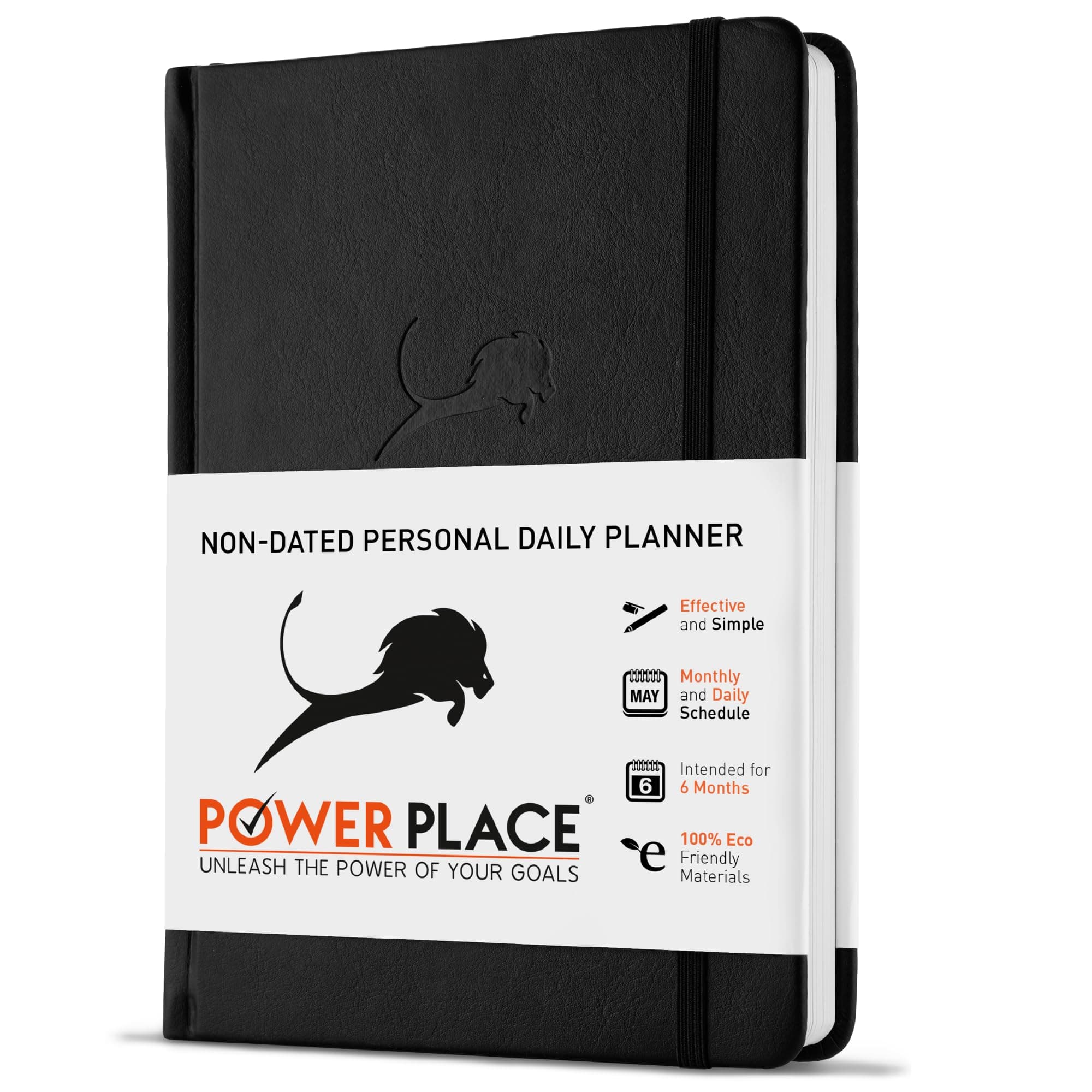 Daily Planner, Calendar & Life Organizer to Improve Time-Management, Productivity & Happiness | Vegan Leather Hardcover Notebook with Blank Dates, Undated 6 Months Hourly Planner for Men & Women, 24 Hour Agenda (Black)