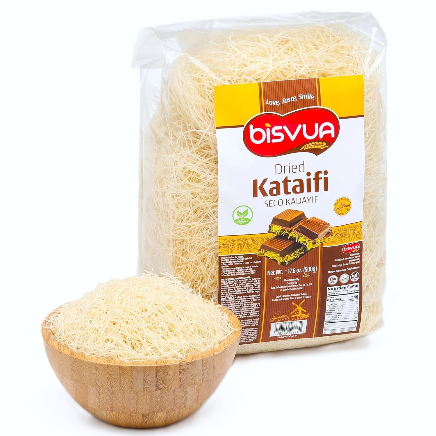 BISVUA Premium Dried Kataifi 500g (17.6 oz) - Perfect for Viral Dubai Chocolate Bar Pistachio Stuffed Desserts knafeh, Kunafa, and Middle Eastern Pastries - kataifi shredded fillo dough