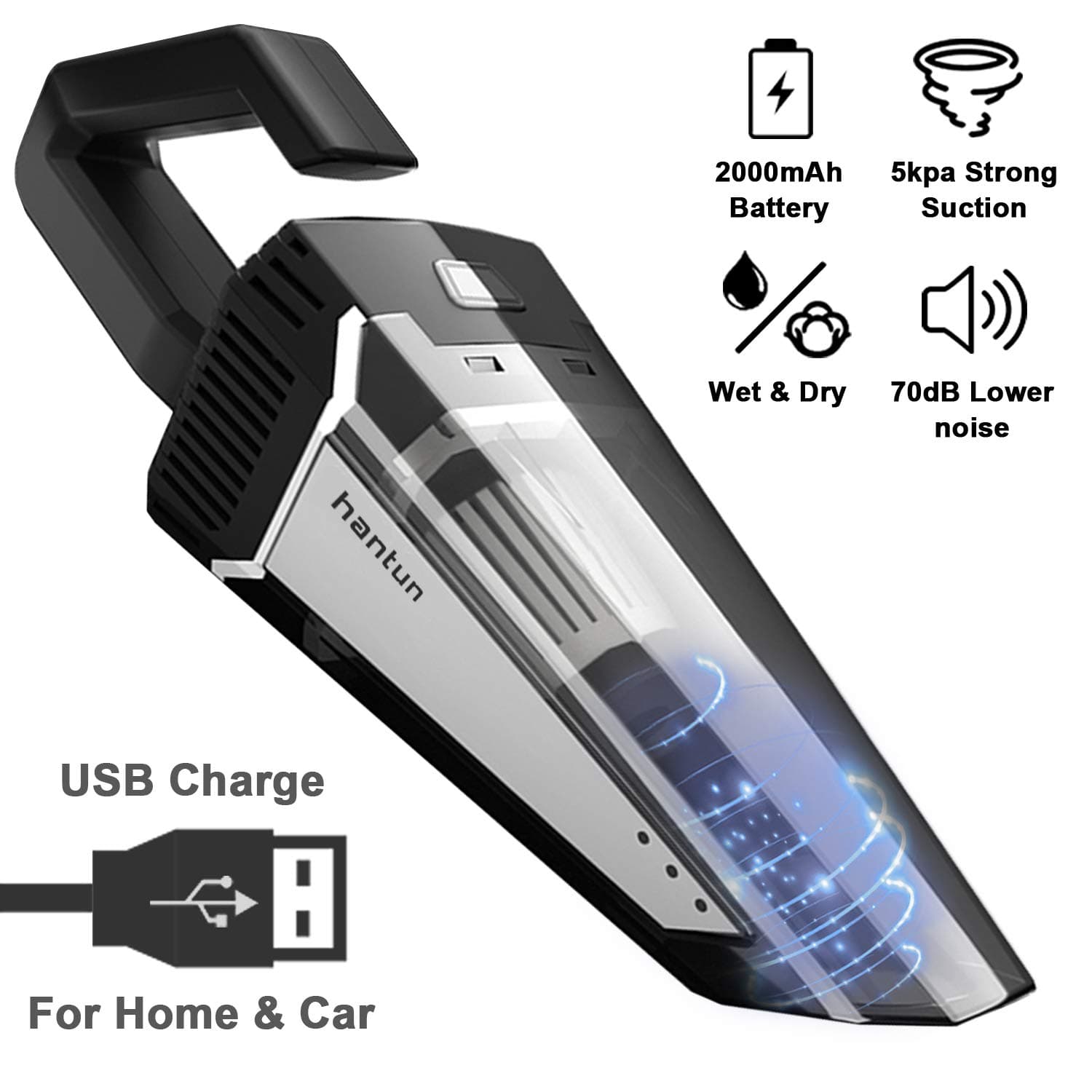 Car Vacuum, hantun Portable Handheld Cordless Vacuum, 5000pa Powerful Suction Lightweight Auto Vacuum Cleaner for Wet and Dry Cleaning