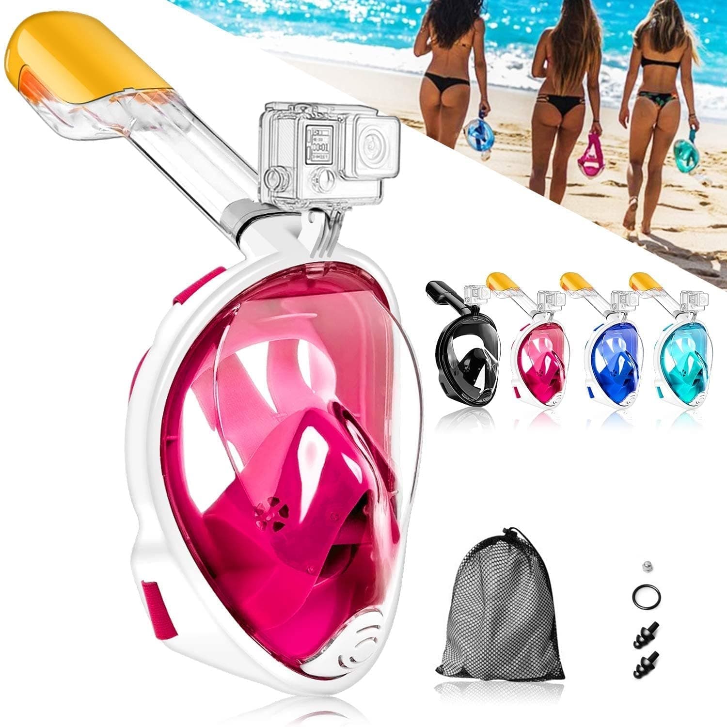 VBM Diving mask Snorkel mask Diving mask Full face mask with Easy Breathing, 180° sea View Anti-Fog Anti-Leak Design Swimming Diving Full face mask with Action Camera Mount for Adults(Pink L/XL)
